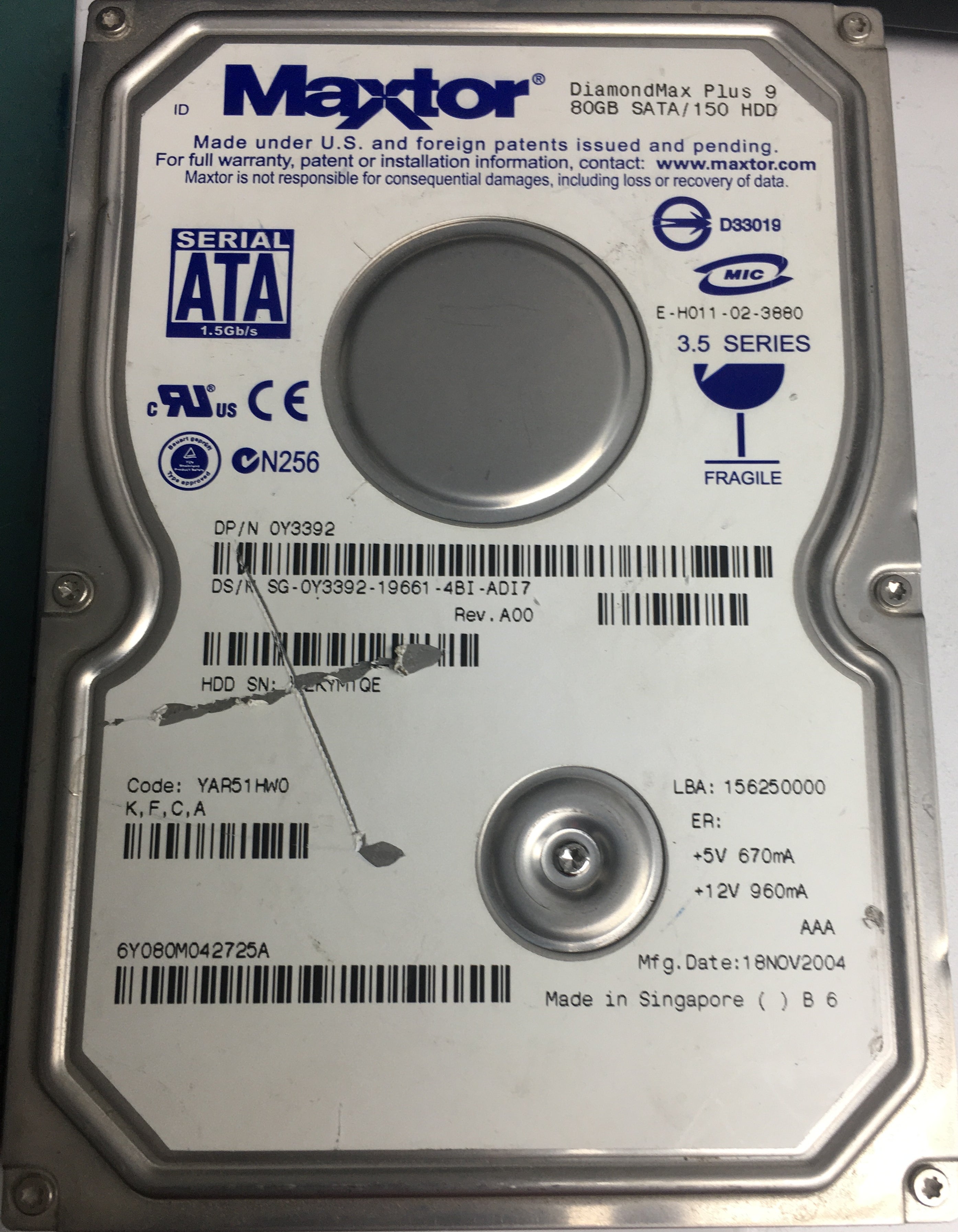 6Y080M042725A,  Serial:Y2KYM1QE,  80GB 3.5,  PCB:301861101- REV A,