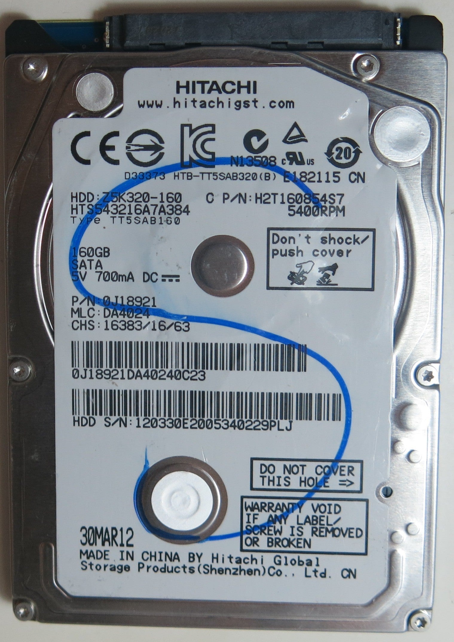 HTD543216A7A384 PCB: 220 0A90269 01 SERIAL NUMBER: 120330E2005340229PLJ DCM DA4024 160GB