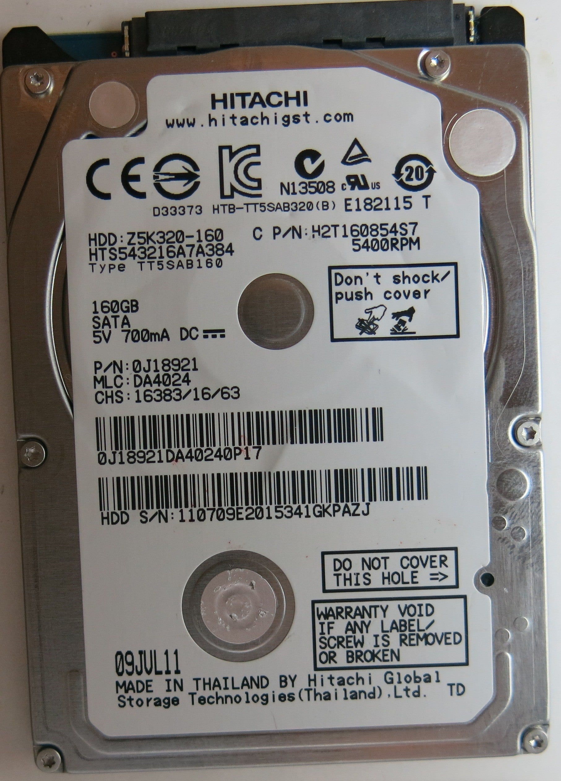 HTD543216A7A384  PN:0J8921, MLC:DA4024, PCB: 220 0A90269 01, SERIAL NUMBER: 110709E2015341GKPAZJ, 160GB
