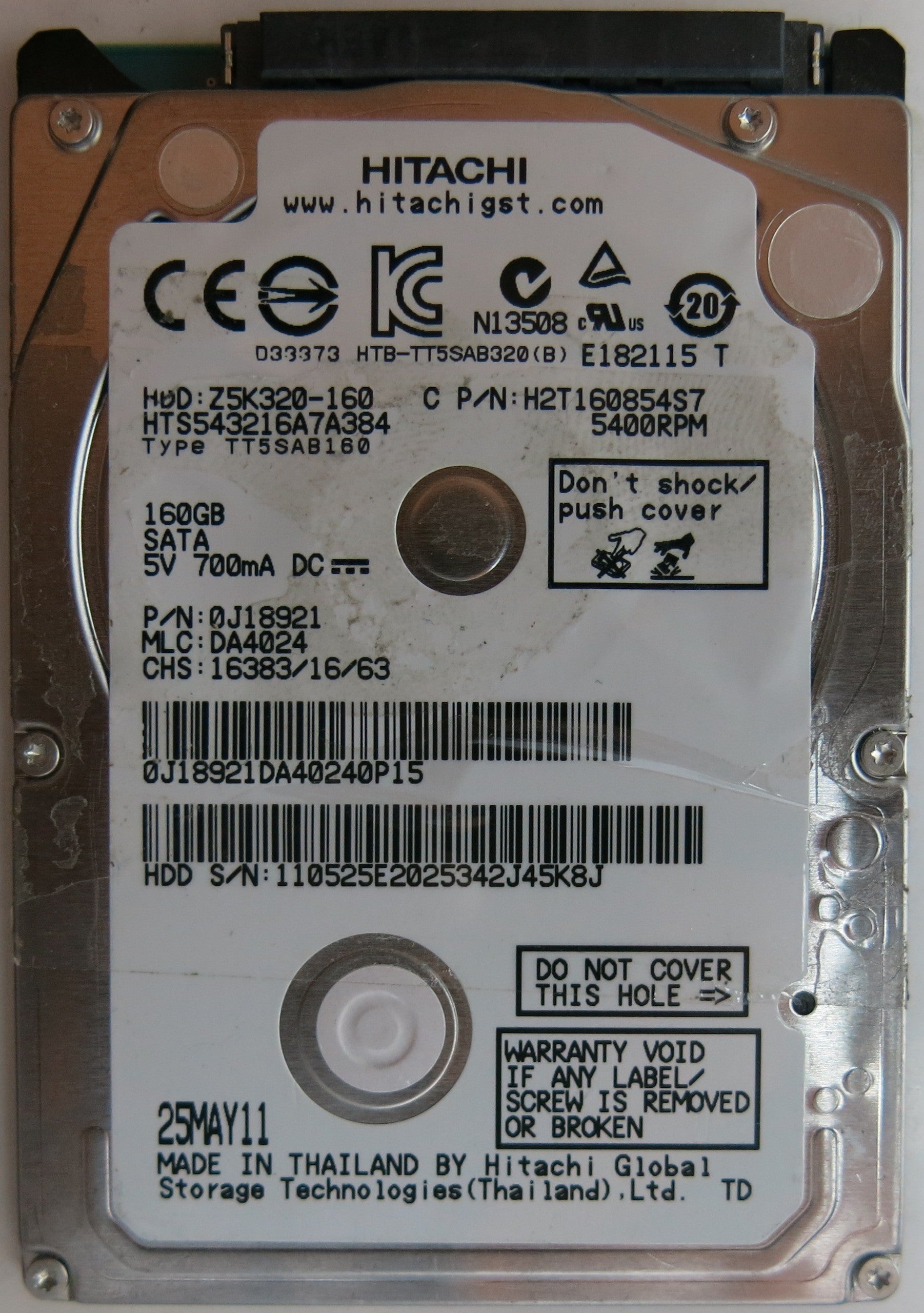 HTD543216A7A384, PN:0J892 MLC:DA4024, PCB: 220 0A90269 01, SERIAL NUMBER: 110525E2025342J45K8J, 160GB1 ,