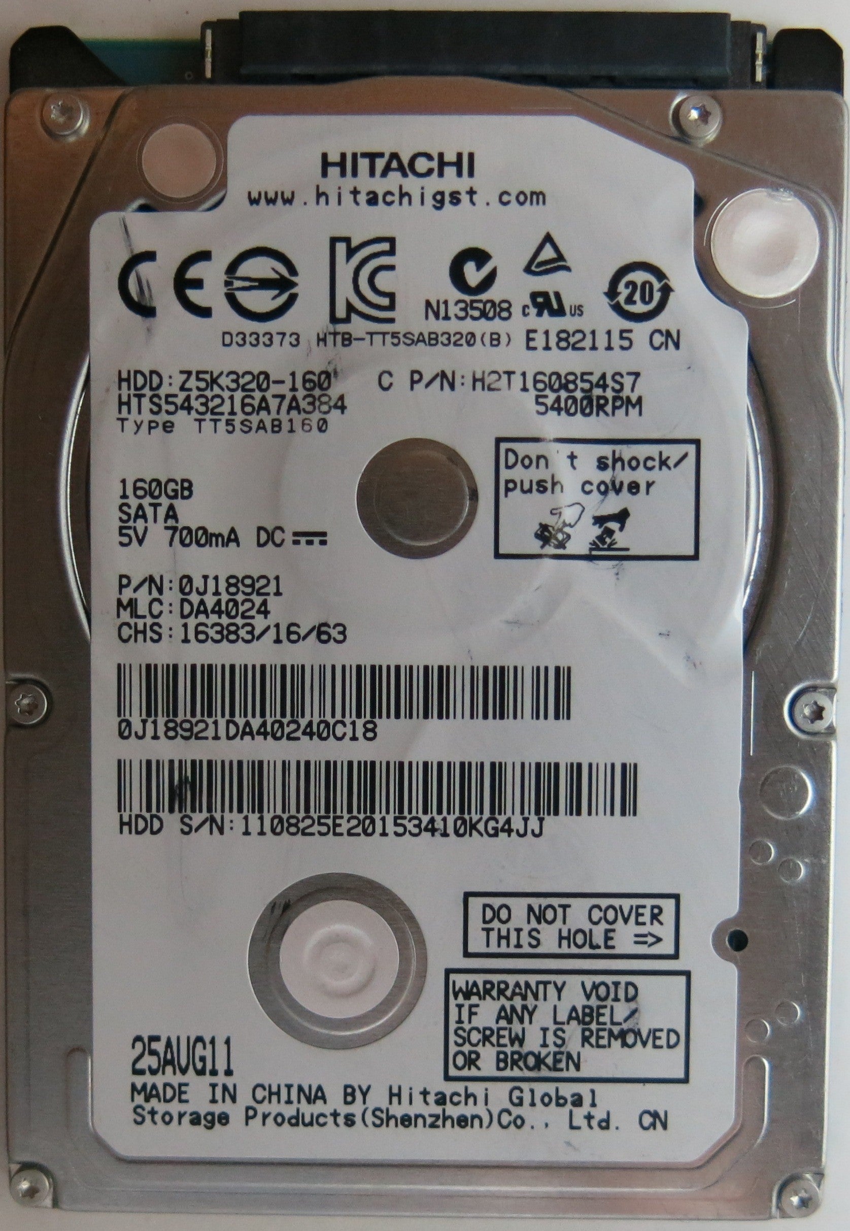 HTD543216A7A384, PN :0J8921, MLC: DA4024 , PCB: 220 0A90269 01, SERIAL NUMBER: 110825E20153410KG4JJ, 160GB 2.5