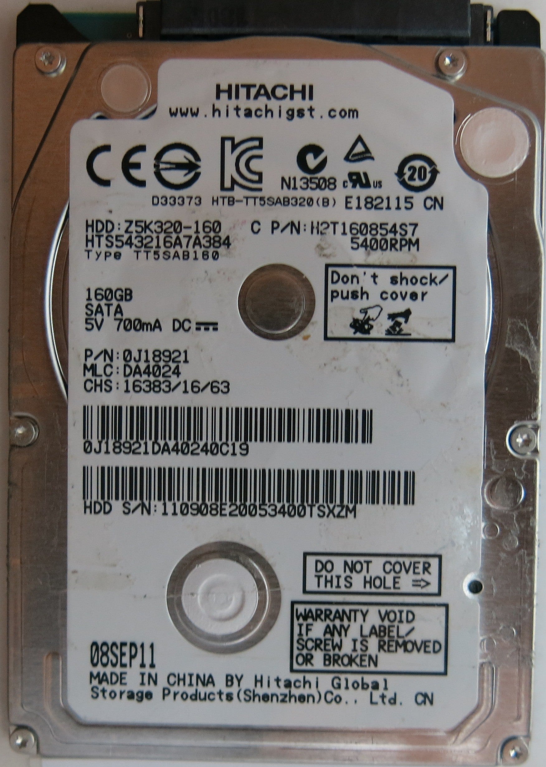 HTD543216A7A384, PN:0J8921 , MLC:DA4024 , PCB: 220 0A90269 01, SERIAL NUMBER: 110908E20053400TSXZM, 160GB 2.5