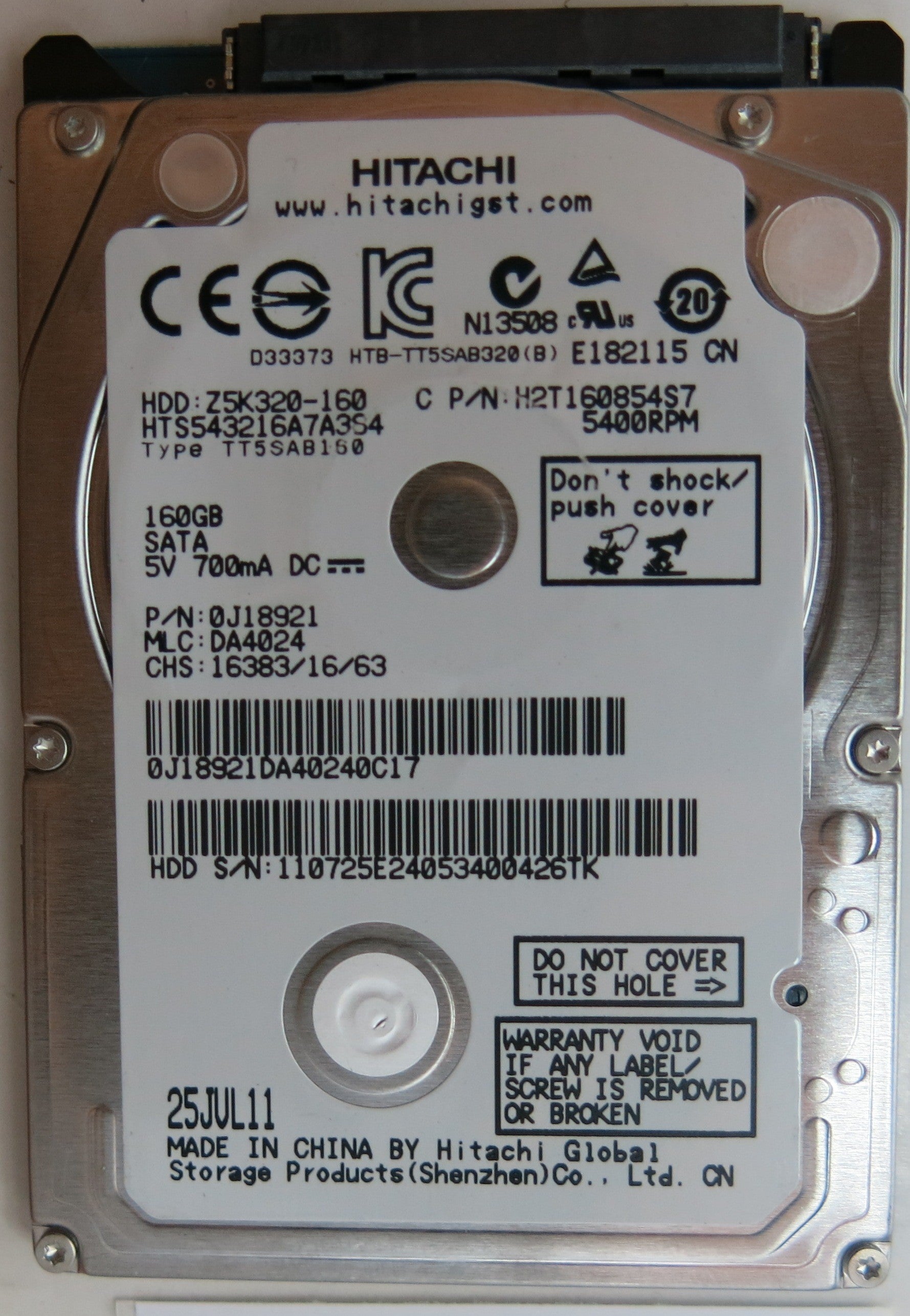 HTD543216A7A384, PN:0J8921,  MLC: DA4024, PCB: 220 0A90269 01, SERIAL NUMBER: 110725E24053400426TK, 160GB 2.5