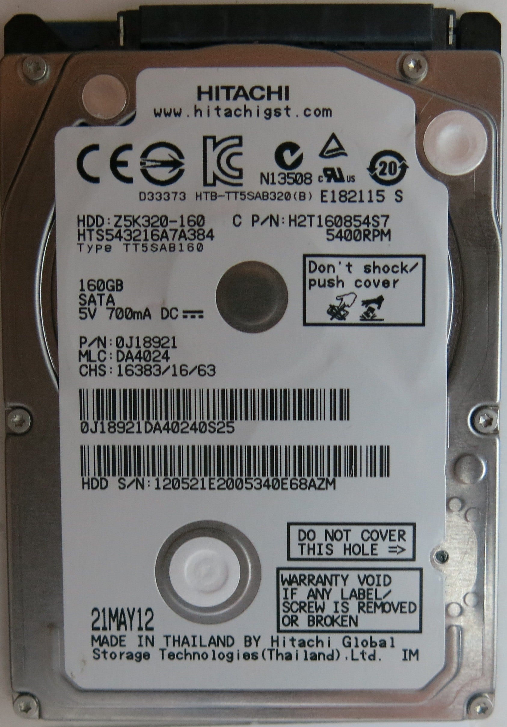 HTD543216A7A384, PN: 0J8921, MLC: DA4024 , PCB: 220 0A90269 01, SERIAL NUMBER: 120521E2005340E68AZM, 160GB 2.5