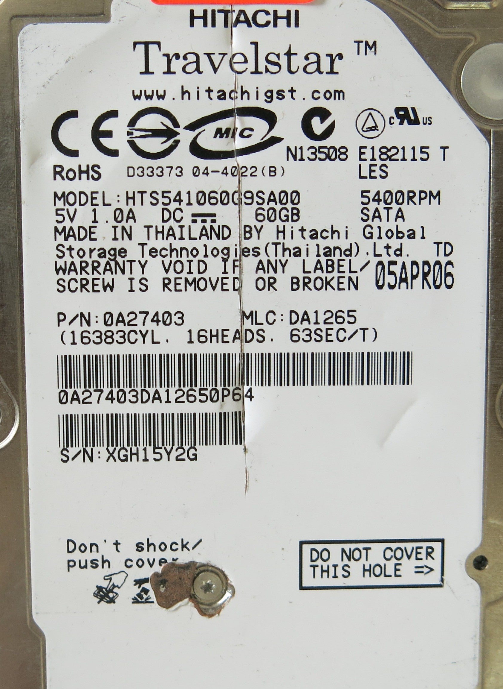 HITACHI HTS541060G9SA00 P/N 0A27403 PCB 320 0A25182 01