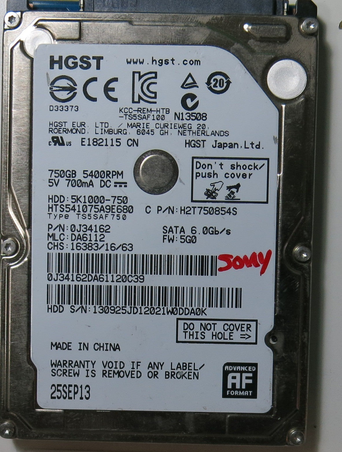 HITACHI HTS541075A9680 PN 0J34162FW DA6112 750.GB