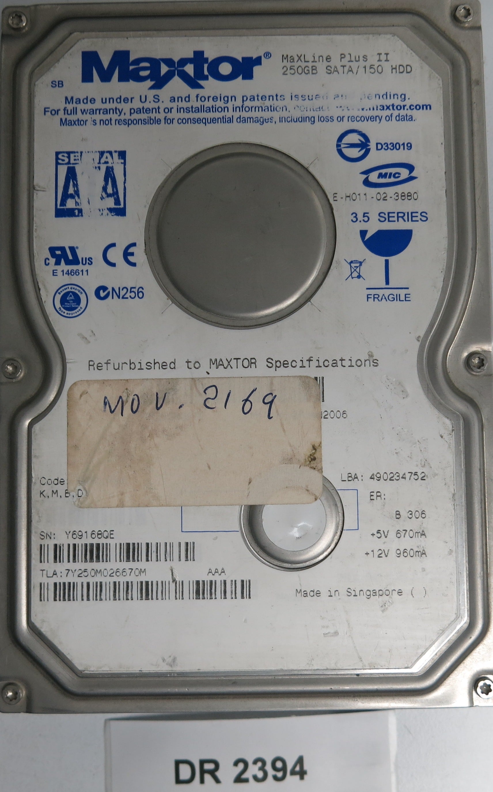 7Y250M026670M,  Serial:Y69168QE,  250GB 3.5