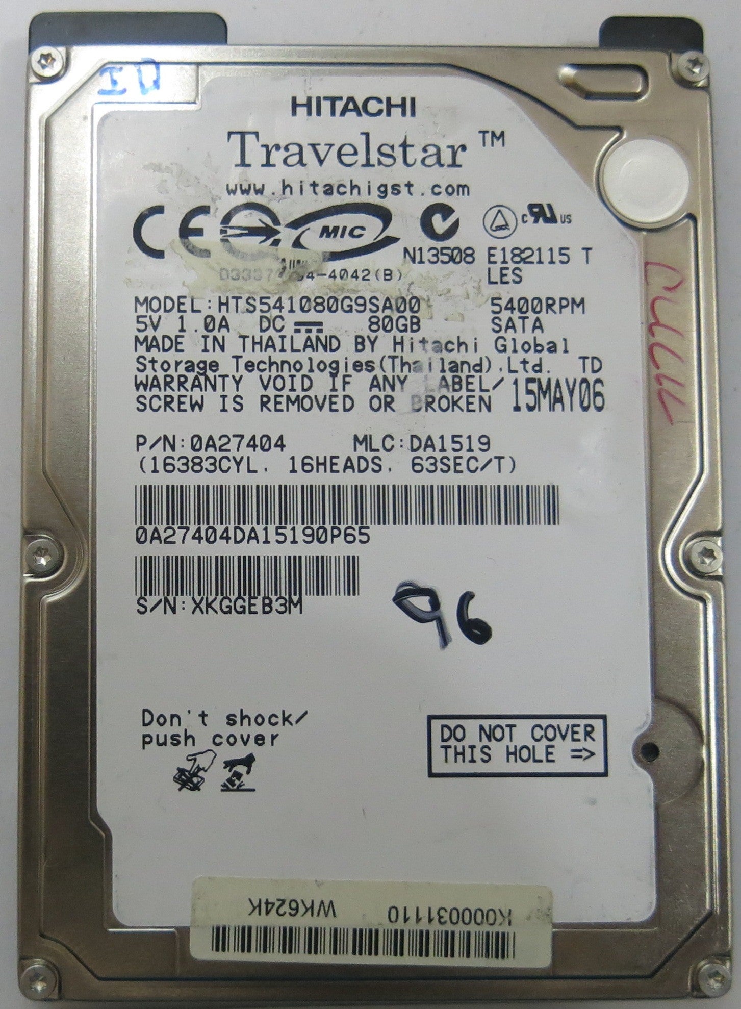 HITACHI HTS541080G9SA00 MLC DA1519 320 0A25182 01 PCB