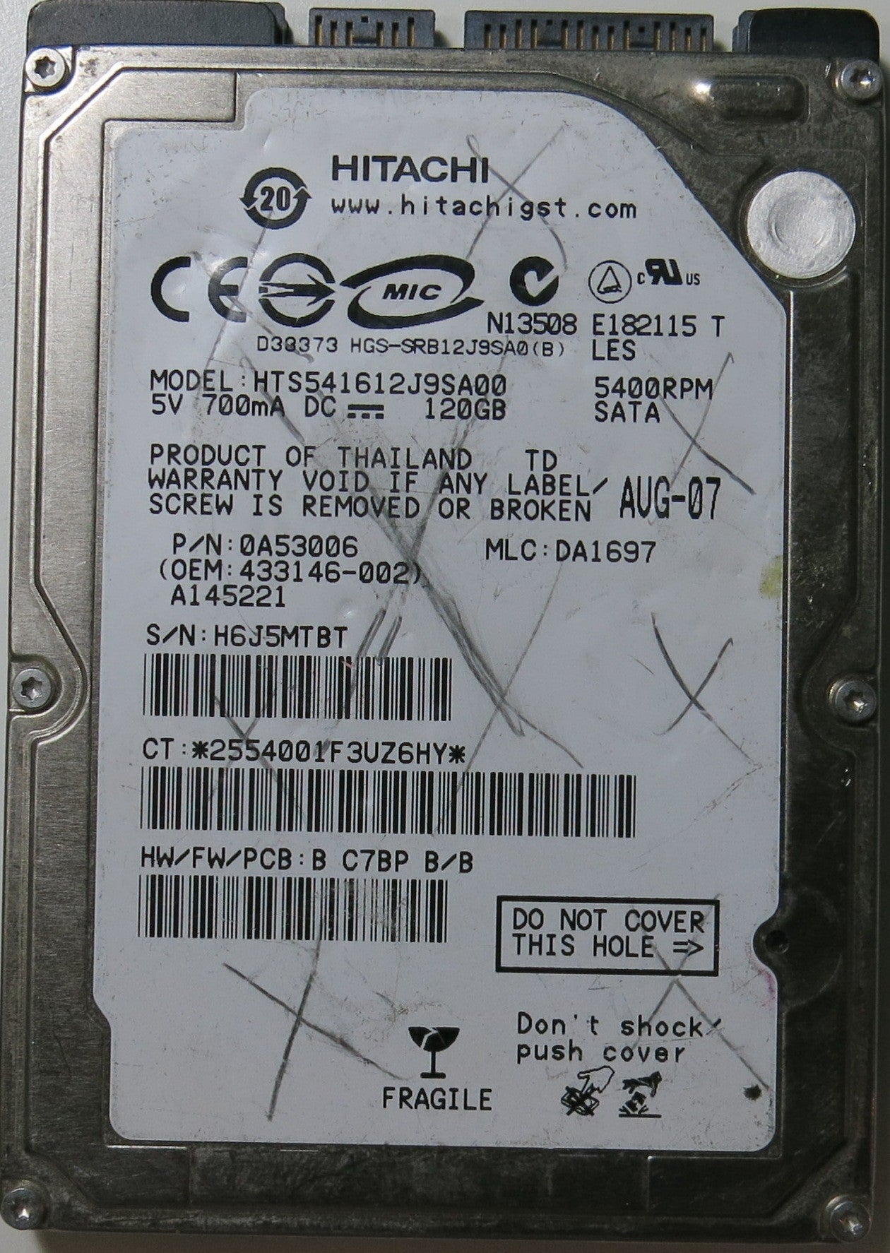 HTS541612J9SA00, PCB: 220-0A52018 01, SERIAL NUMBER: H6J5MTBT, FW DA1697, PN 0A53006, FW DA1697, 120.GB,