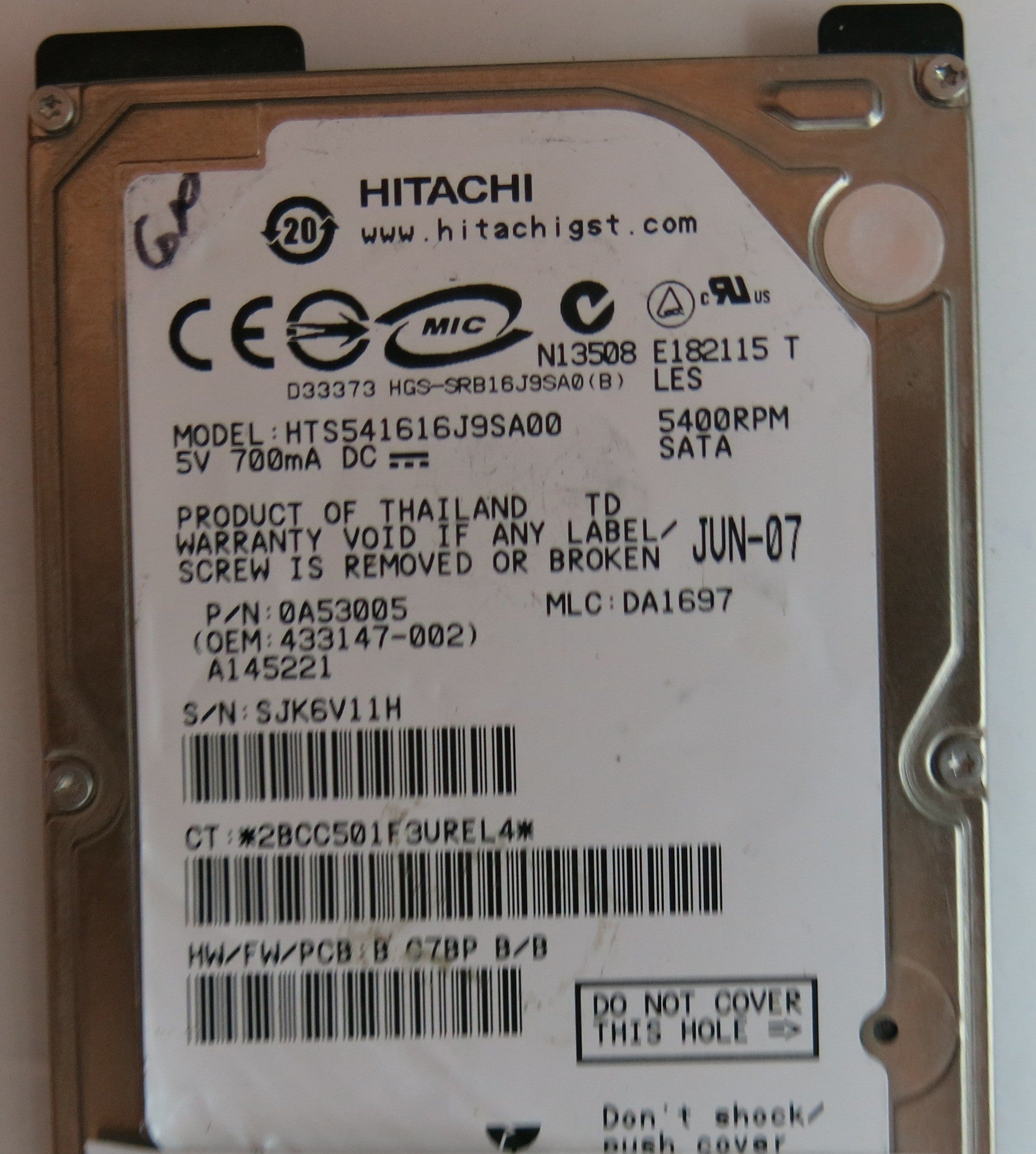 HITACHI HTS541616J9SA00, PN 0A53055, MLC  DA1679, 220 0A52018 01 PCB