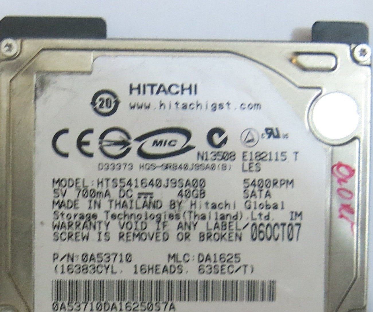 HITACHI HTS541640J9SA00 MLC DA1625 220 0A52018 01 PCB