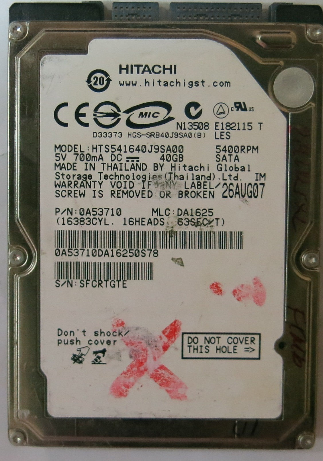 HTS541640J9SA00, PCB: 220 0A52018 01, SERIAL: SFCRTGTE, MLC: DA1625, FW: DA1625,  40,GB,