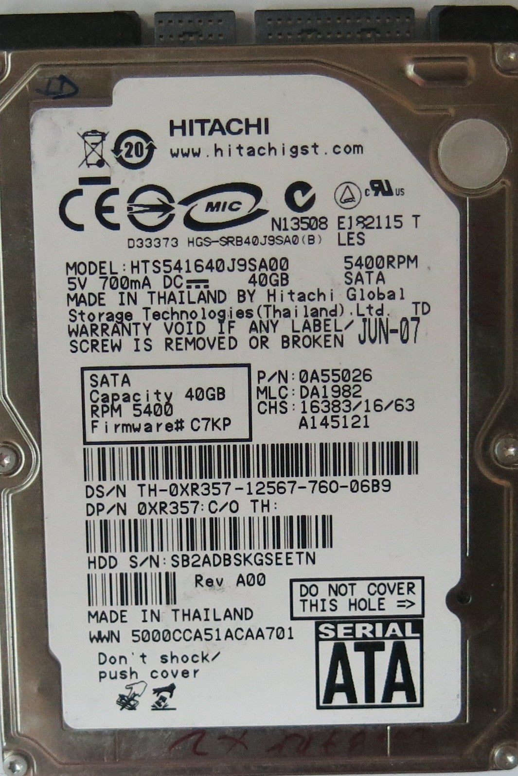 HTS541640J9SA00, PCB: 220 0A52018 01, SERIAL: SB2ADBSKGSEETN, MLC: DA1982, FW: DA1982, 40,GB,