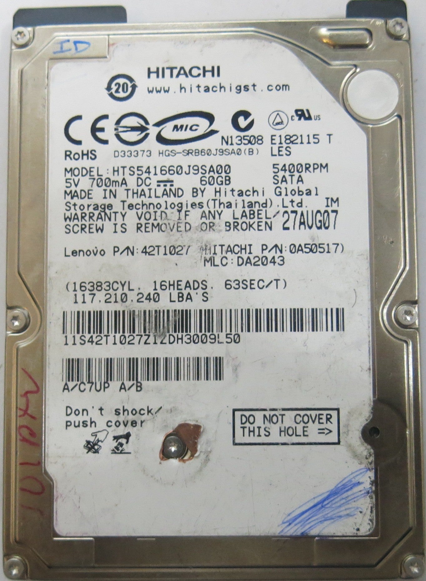 HITACHI HTS541660J9SA00 MLC DA2043 220 0A28613 01 PCB