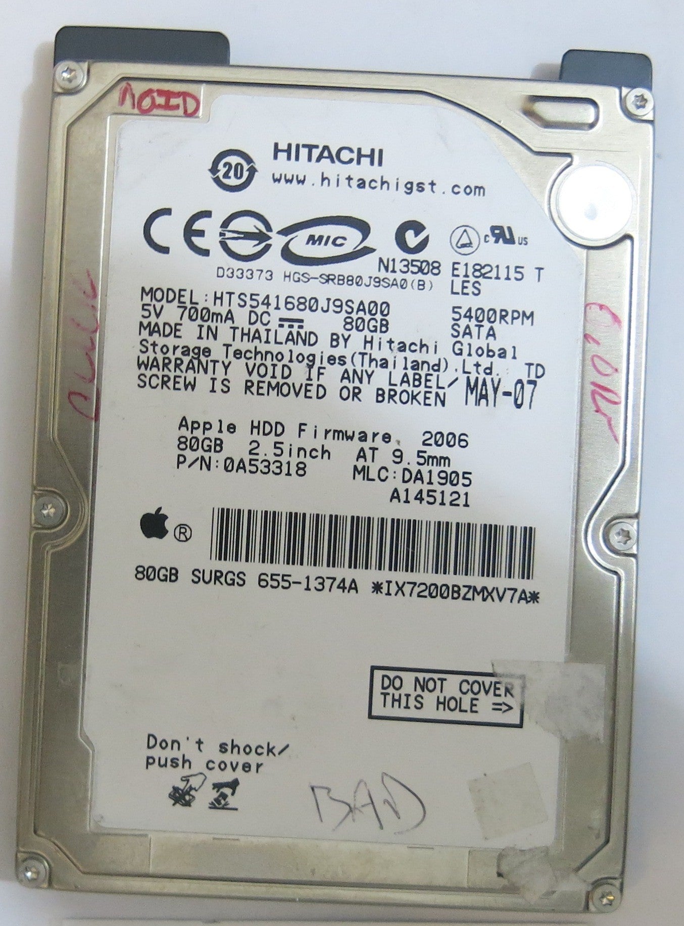 HITACHI HTS541680J9SA00 MLC DA1905 220 0A52018 01 PCB