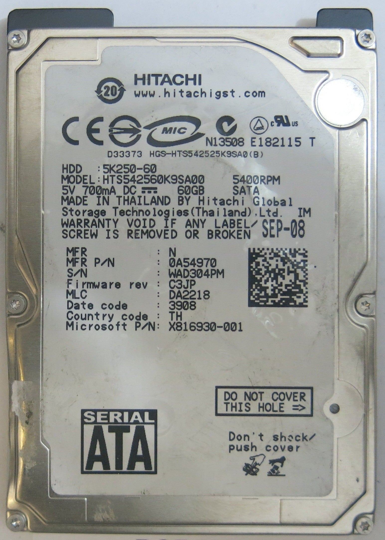 HITACHI HTS542560K9SA00 MLCDA2218 220 0A90002 01 PCB