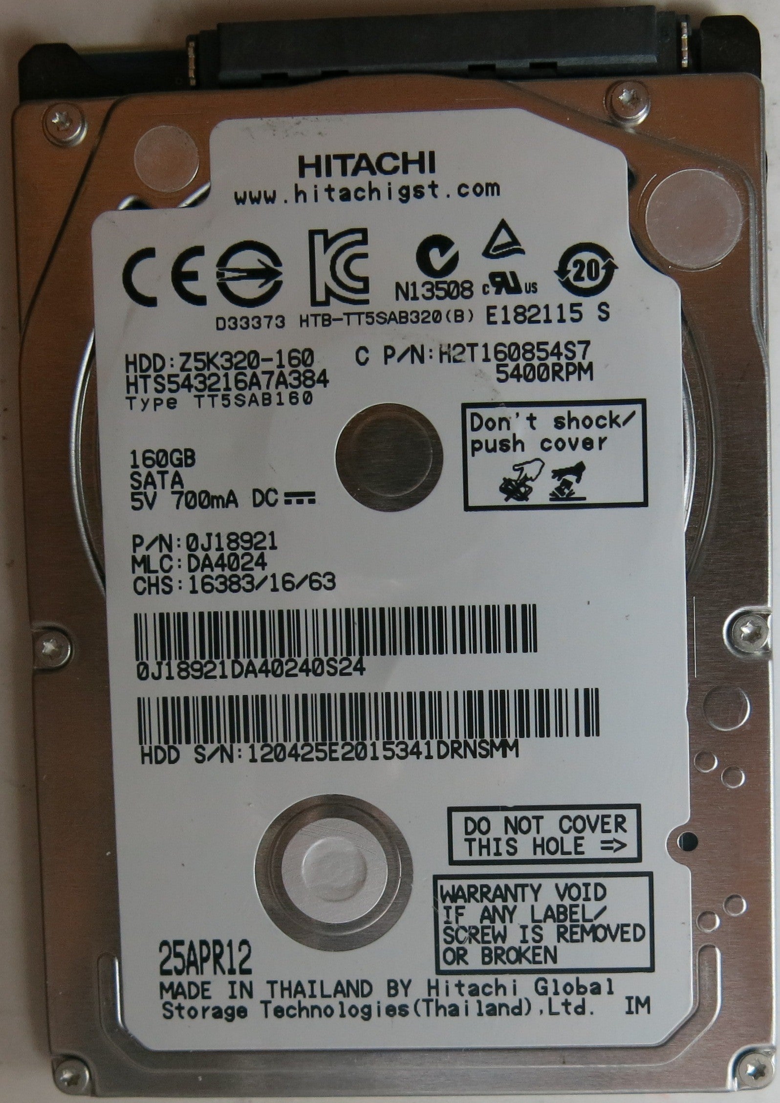 HTS543216A7A384 PN: 0J18921, MLC: DA4024, 160GB, PCB: 220 0A90269 01, SERIAL NUMBER: 120425E2015341DRNSMM,