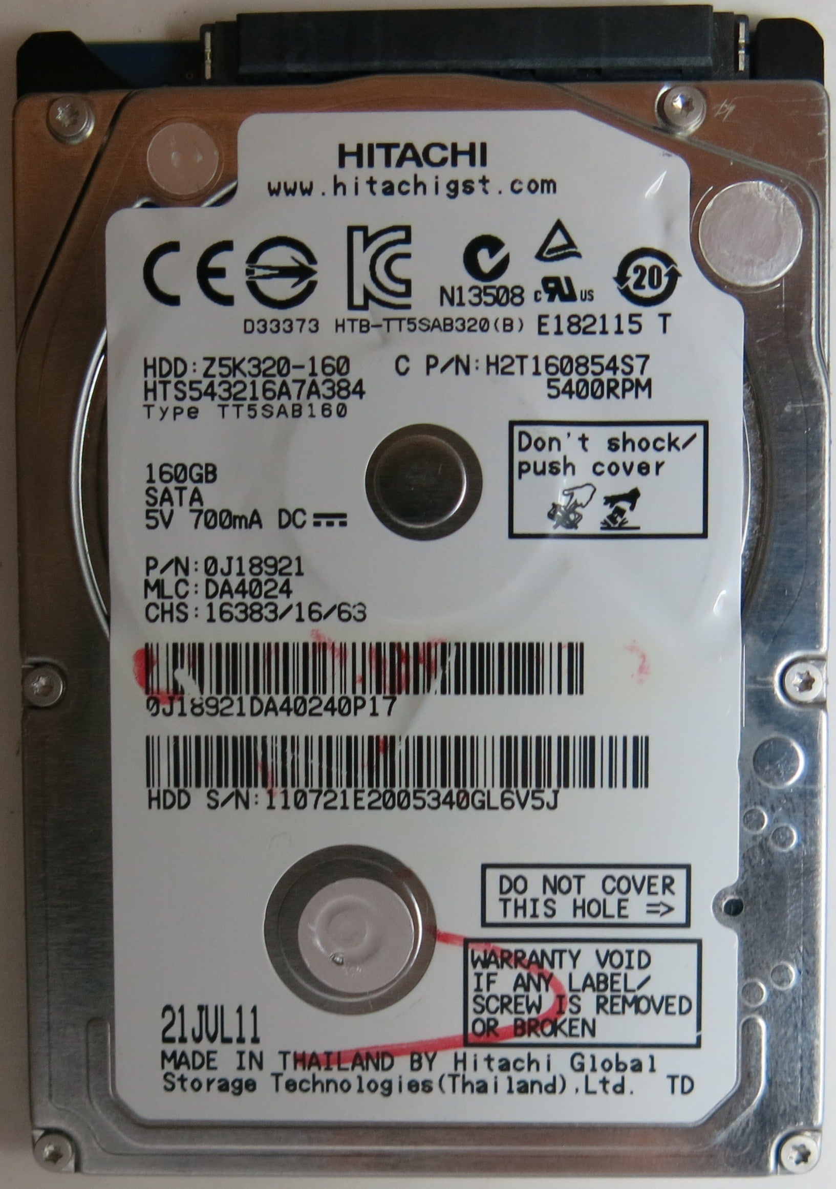 HTS543216A7A384, PN: 0J18921, MLC: DA4024, 160GB, PCB: 220 0A90269 01, SERIAL NUMBER: 110721E2005340GL6V5J,