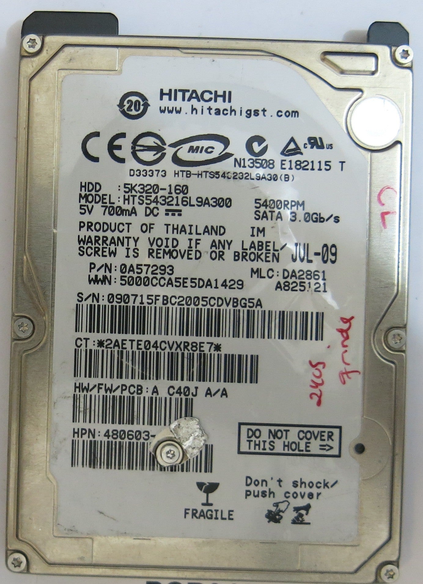 HITACHI HTS543216L9A300 MLC DA2861 220 0A90002 01 PCB