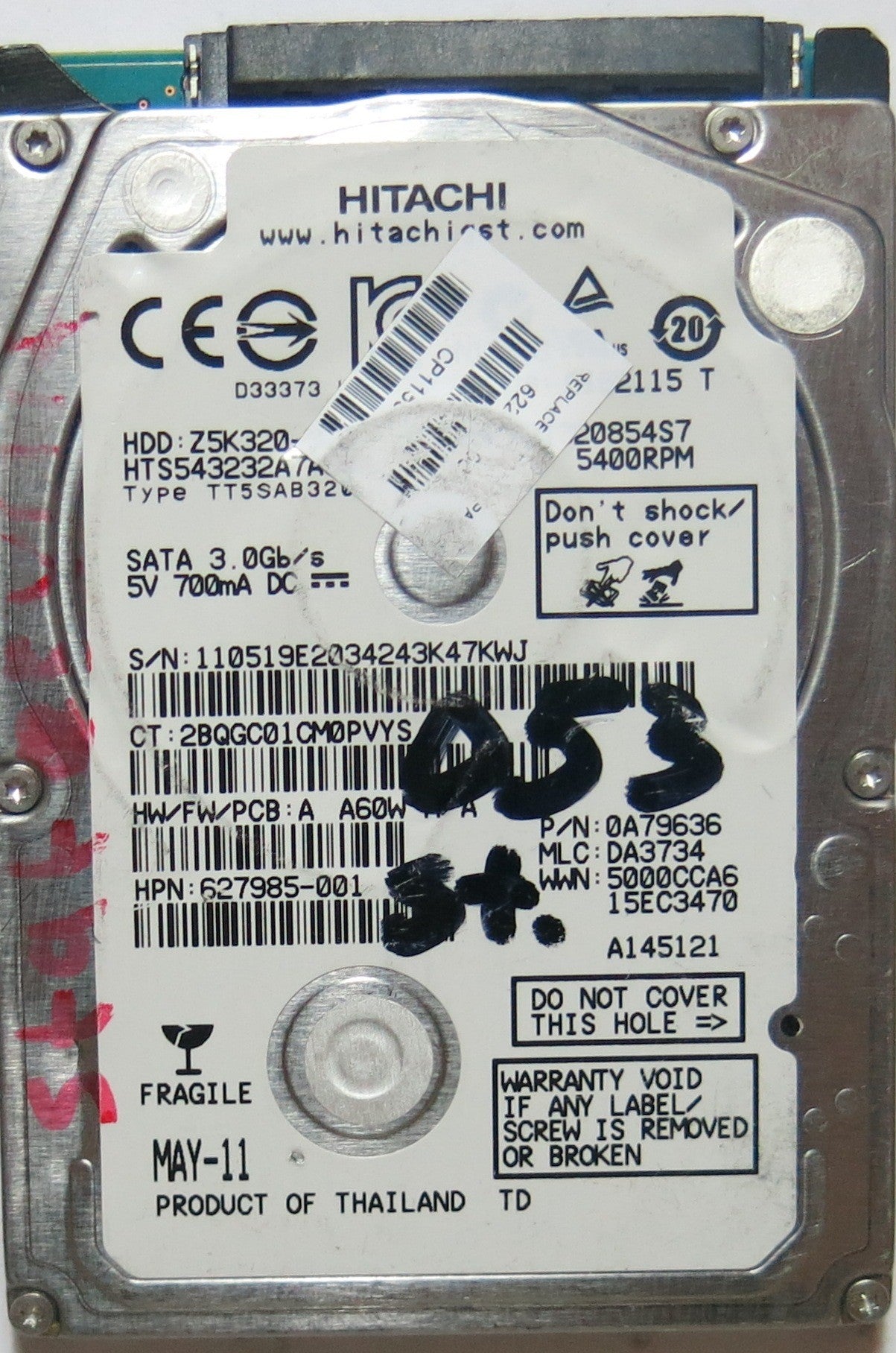 HTS543232A7A384, PCB: 220 0A90269 01, SERIAL: 110519E2034243K47KWJ, FW: DA3734, PN 0A79636,