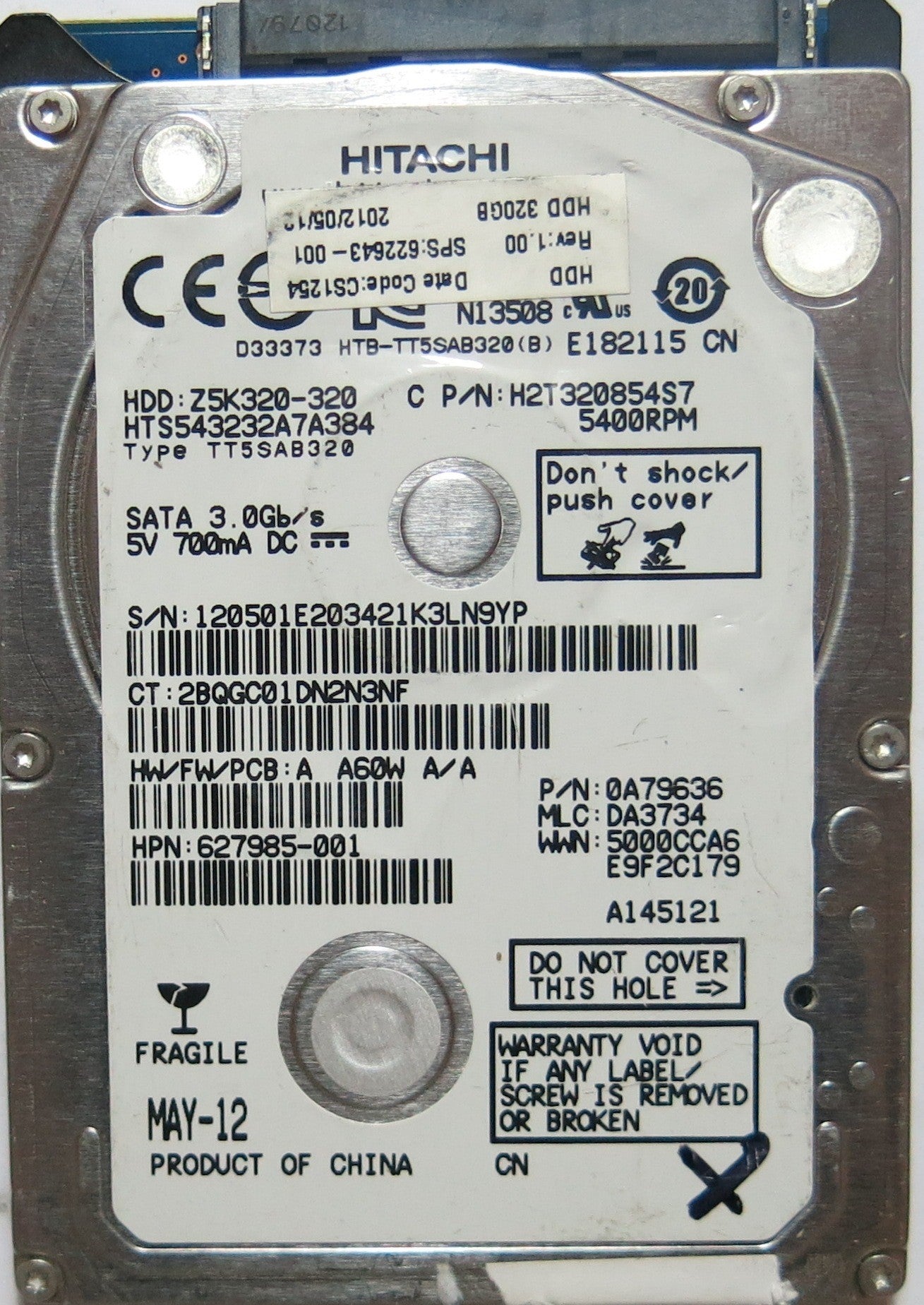 HTS543232A7A384, PCB: 220 0A90269 01, PN 0A79636, SERIAL: 120501E203421K3LN9YP, FW: DA3734, 320,GB,