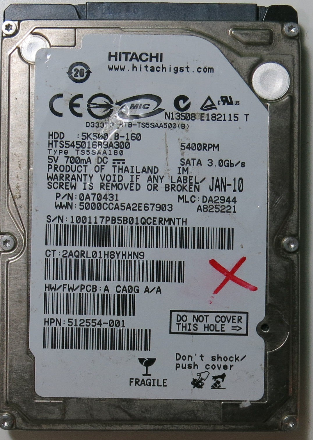 HTS545016B9A300, PCB: 220-0A90161 01, SERIAL NUMBER: 100117PB5B01QCERMNTH, PN 0A70431, FW DA2944, 160.GB,