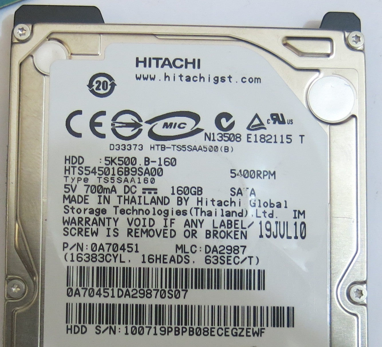 HITACHI HTS545016B9SA00 MLC DA2987 220 0A90161 01 PCB