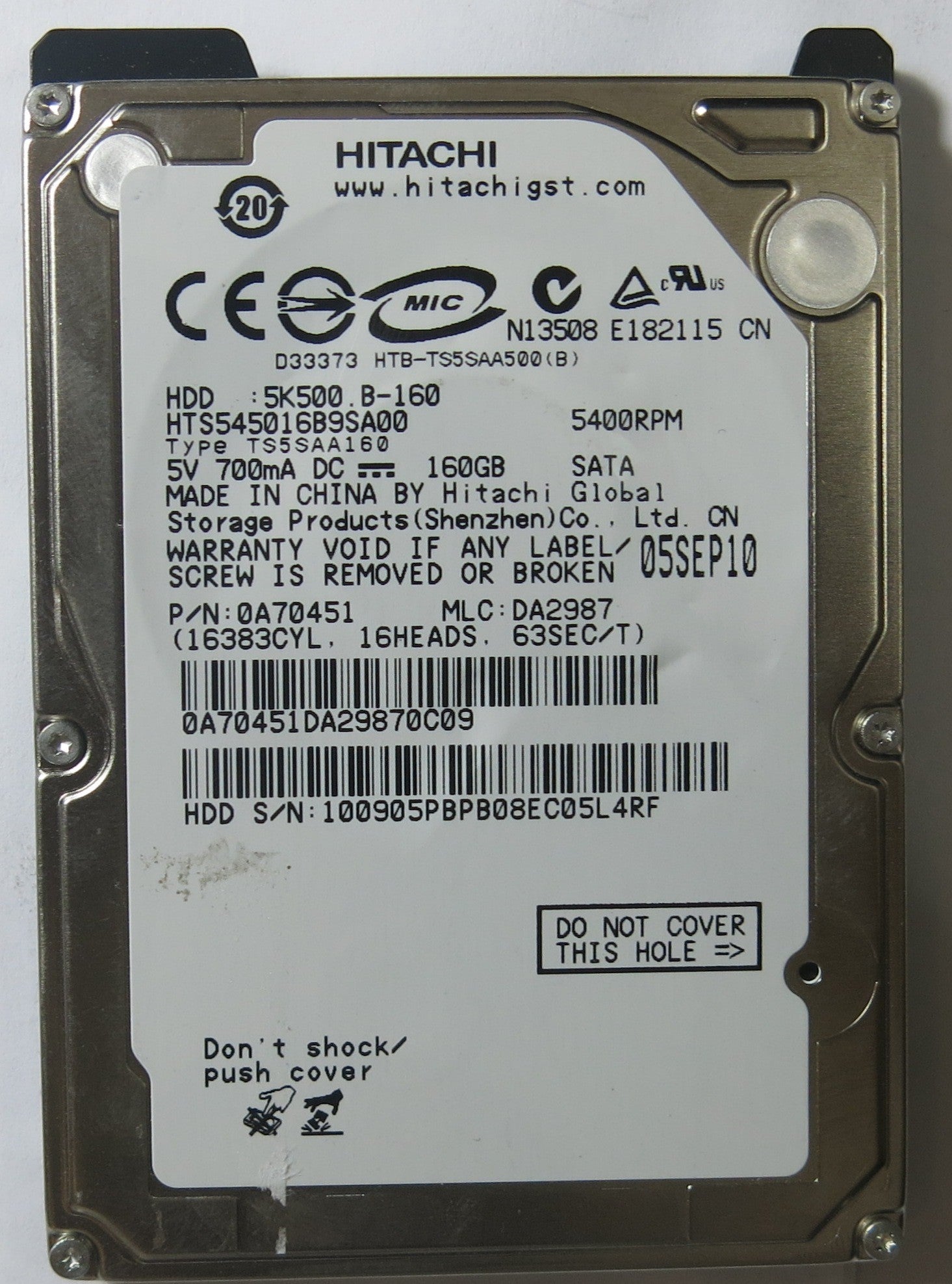 HITACHI HTS545016B9SA00 MLC DA2987 220 0A90161 01 PCB
