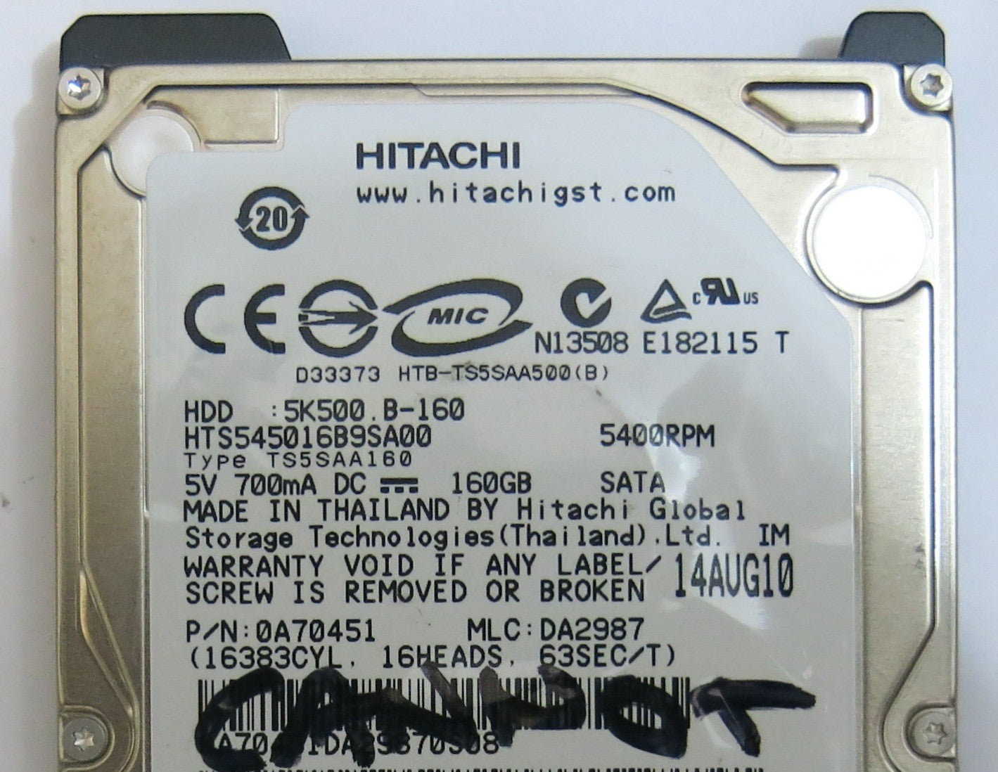 HITACHI HTS545016B9SA00 MLC DA2987 220 0A90161 01 PCB