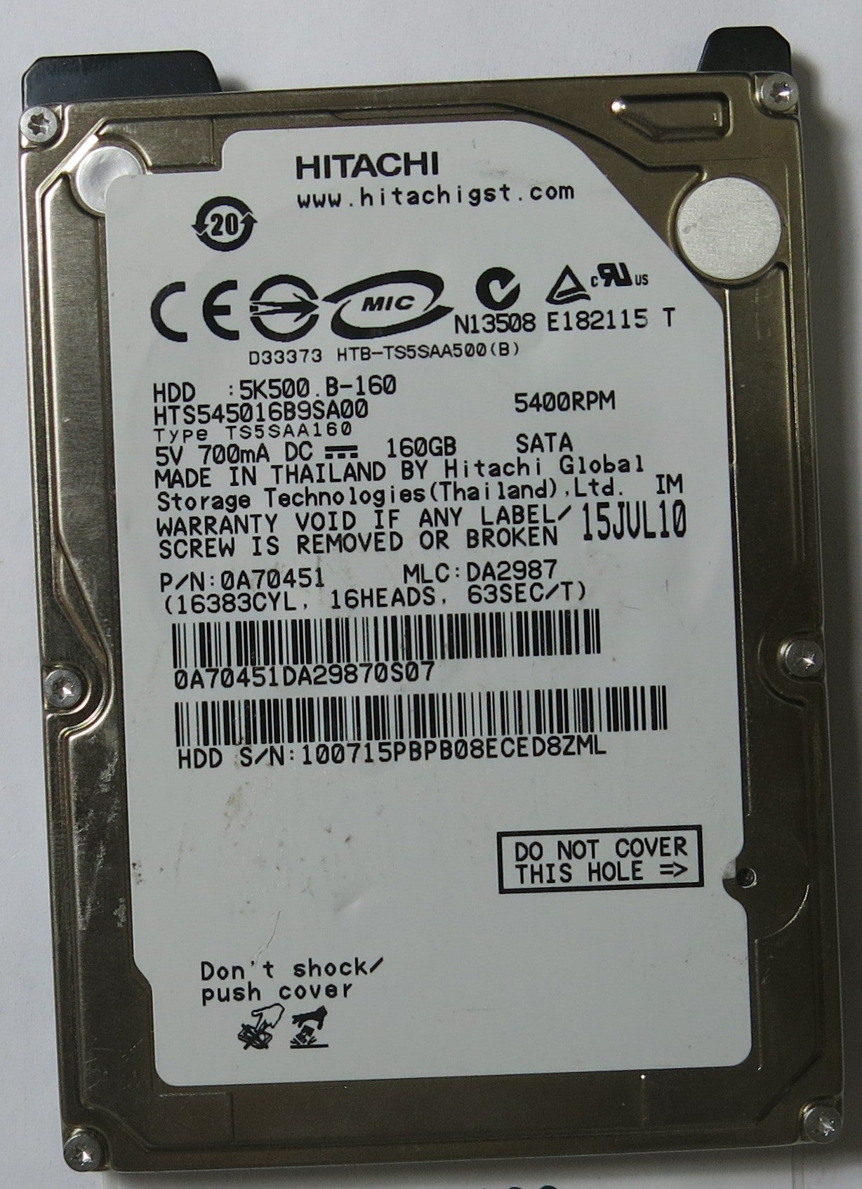 HITACHI HTS545016B9SA00 MLC DA2987 220 0A90161 01 PCB