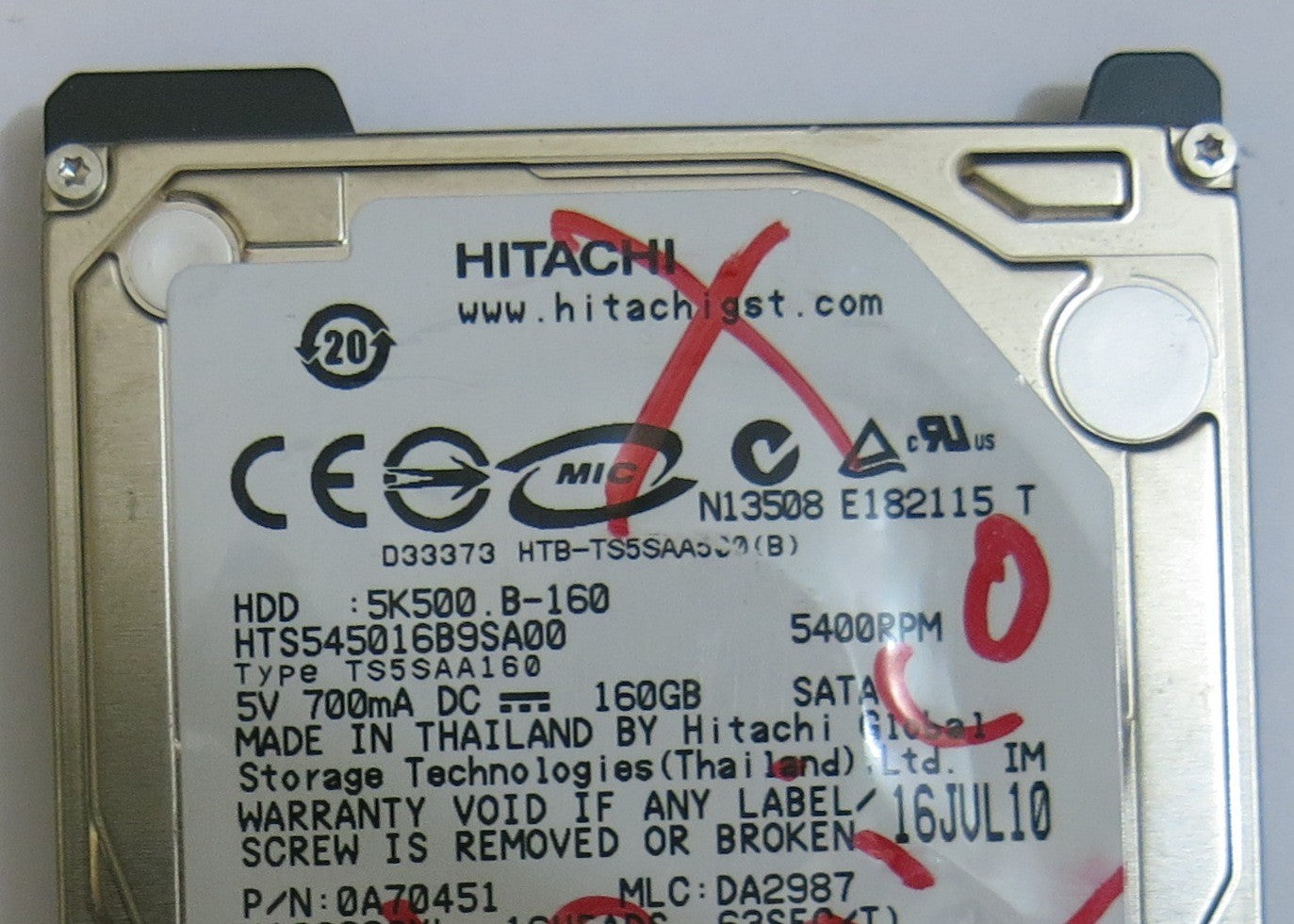 HITACHI HTS545016B9SA00 MLC DA2987 220 0A90161 01 PCB