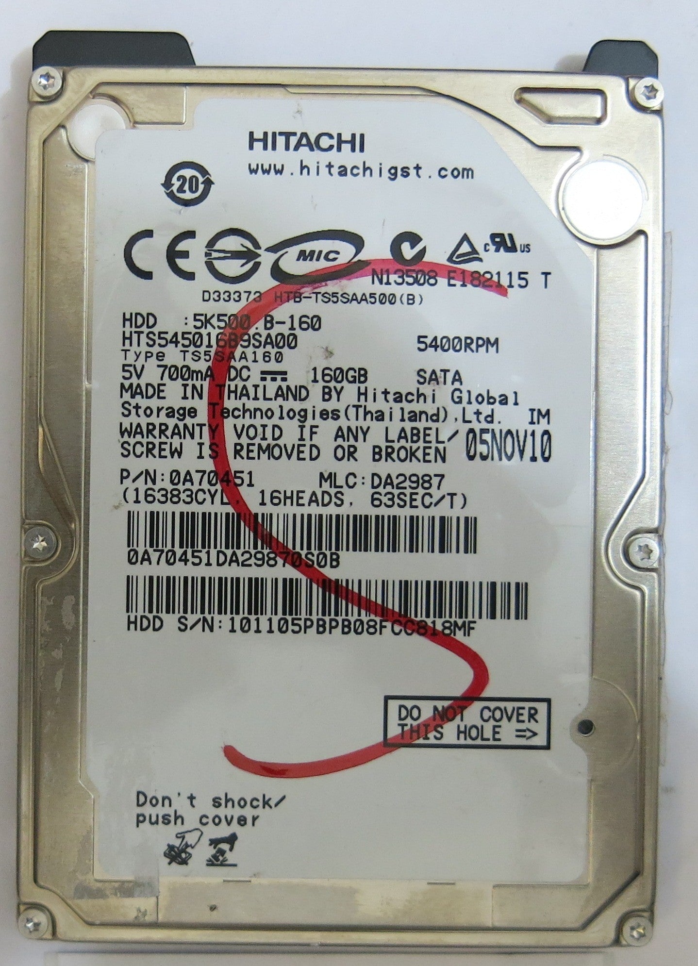 HITACHI HTS545016B9SA00 MLC DA2987 220 0A90161 01 PCB