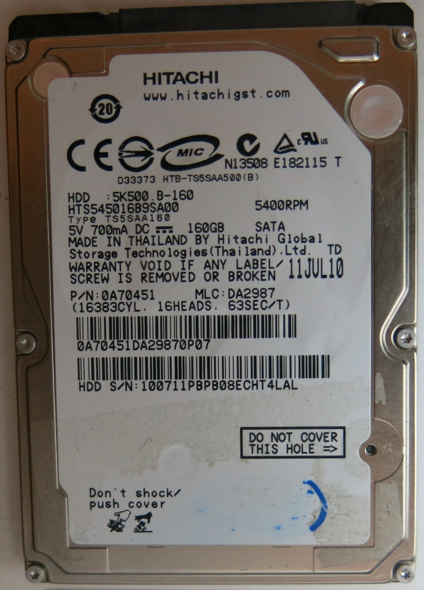HITACHI HTS545016B9SA00 PN 0A70451 MLC DA2987 160GB