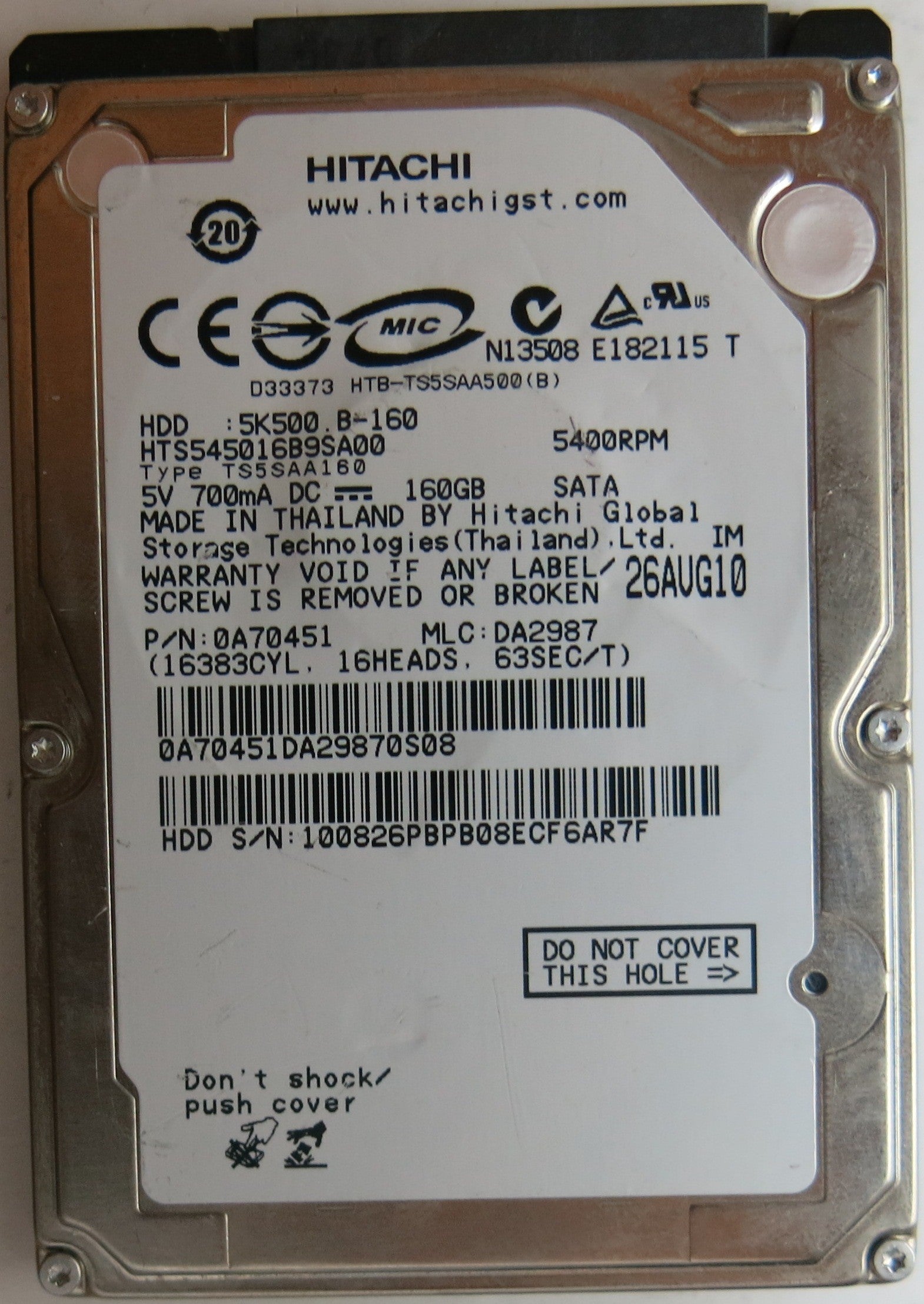HITACHI HTS545016B9SA00 PN 0A70451 MLC DA2987 160GB