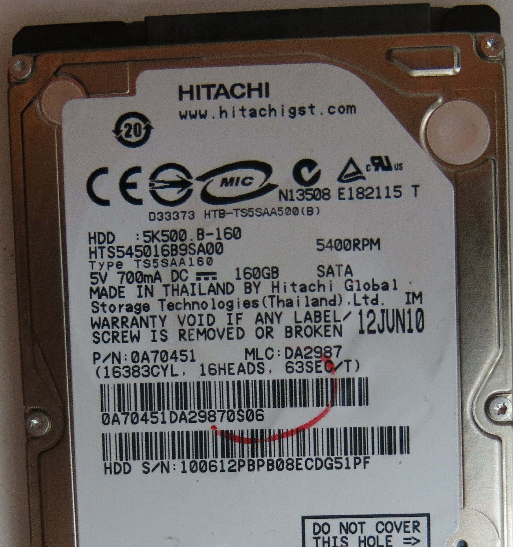HTS545016B9SA00, PN: 0A70451, MLC:DA2987 , PCB: 220 0A90161 01, SERIAL NUMBER: 100612PBPB08ECDG51PF, 160GB 2.5