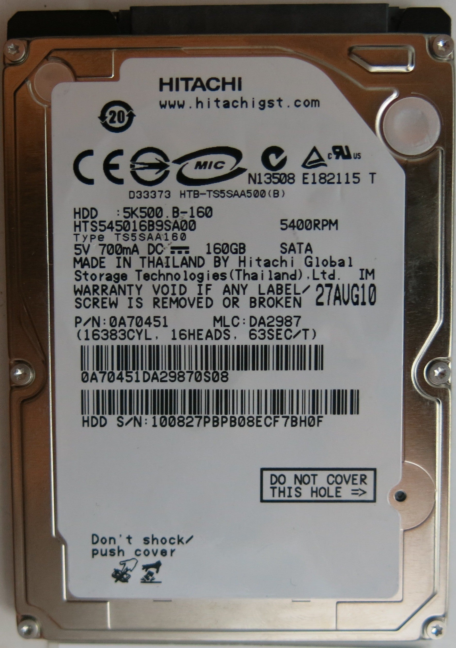 HTS545016B9SA00, PN:0A70451 , MLC: DA2987, PCB: 220 0A90161 01, SERIAL NUMBER: 100827PBP08ECF7BH0F, 160GB 2.5