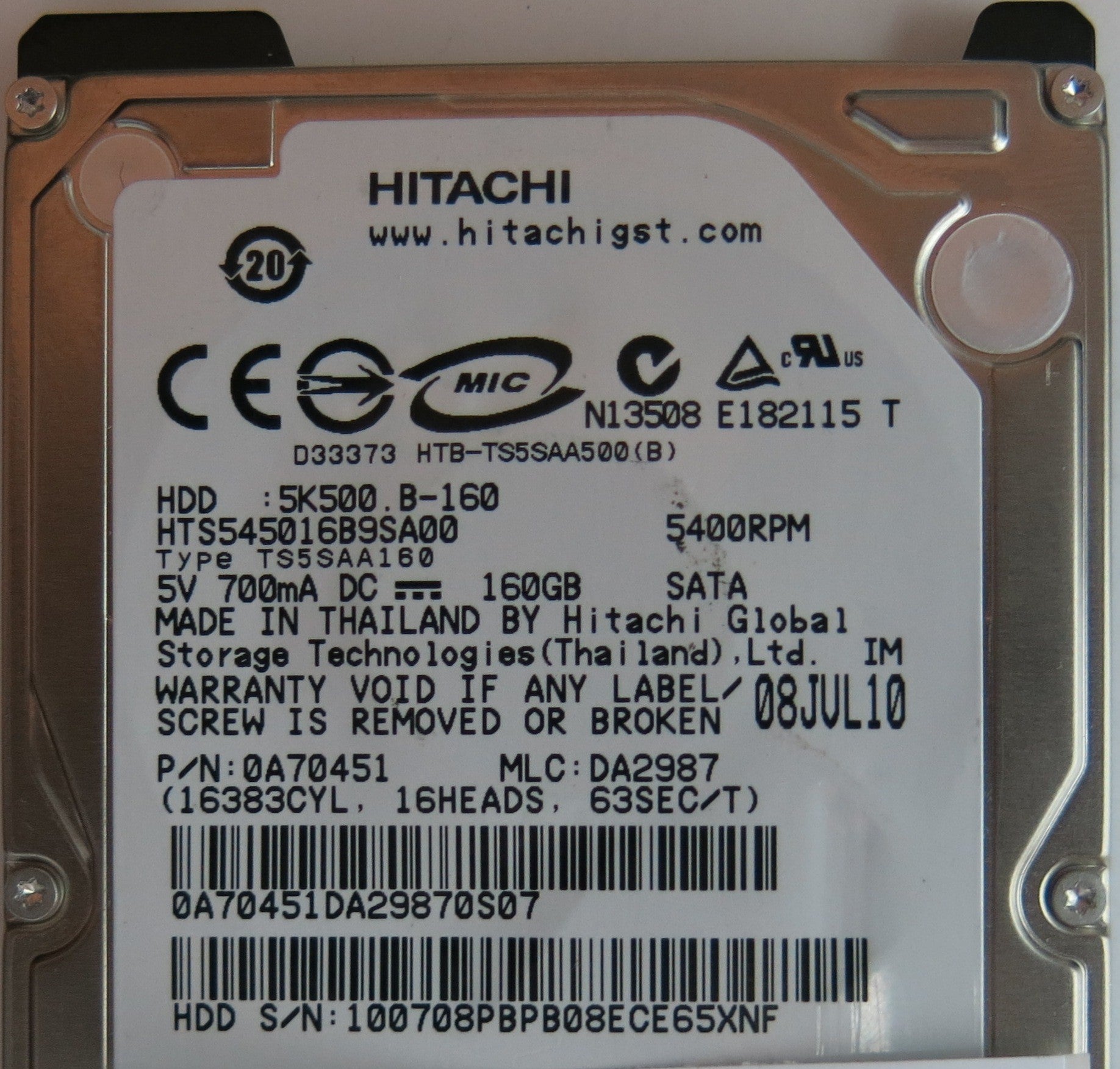 HITACHI HTS545016B9SA00, PN 0A70451, MLC, DA2987, 220 0A90161 01 PCB
