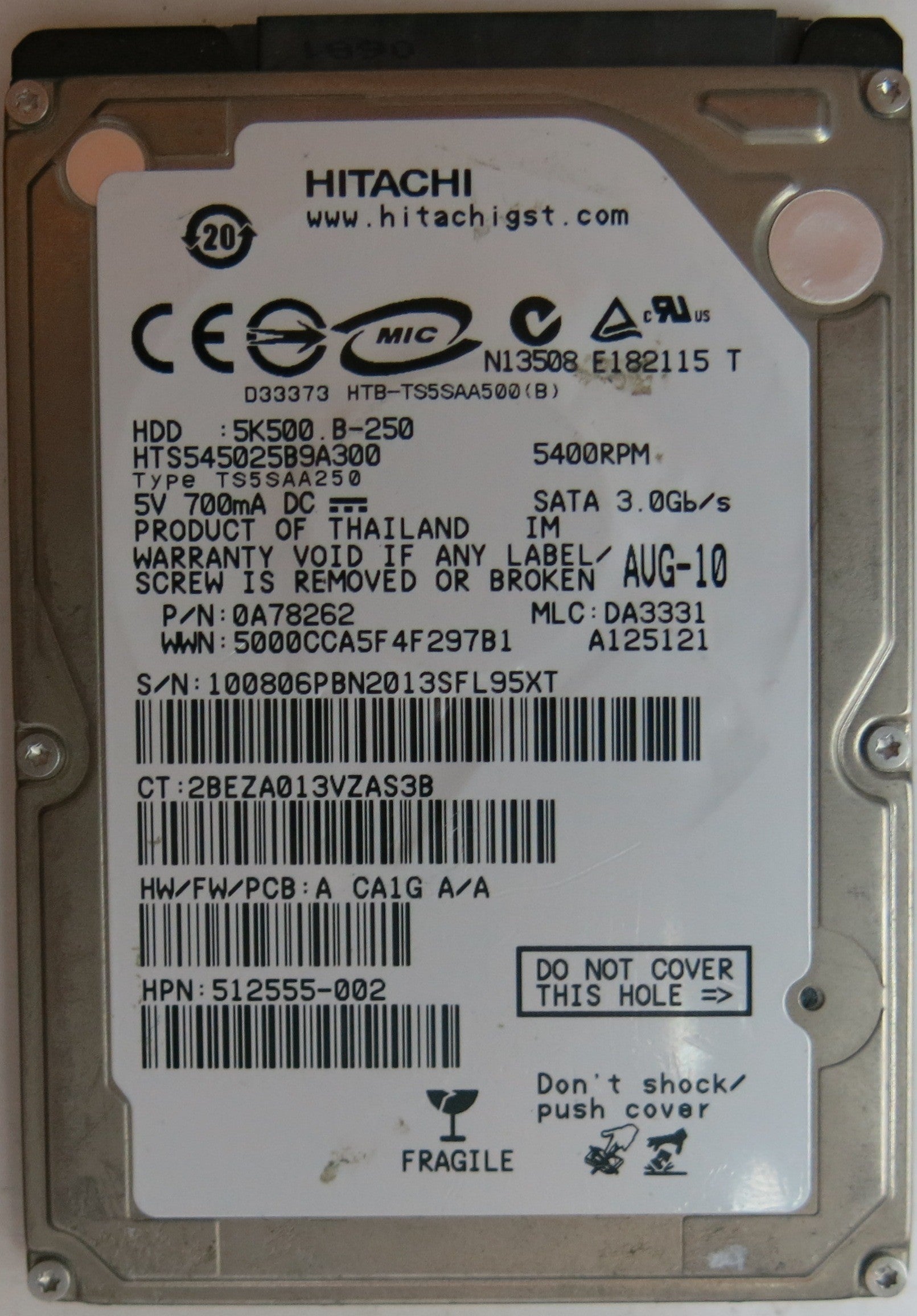 HTS545025B9A300, PN: 0A78262, MLC: DA3331, 250GB, PCB: 220 0A90161 01, SERIAL NUMBER: 100806PBN2013SFL95XT,