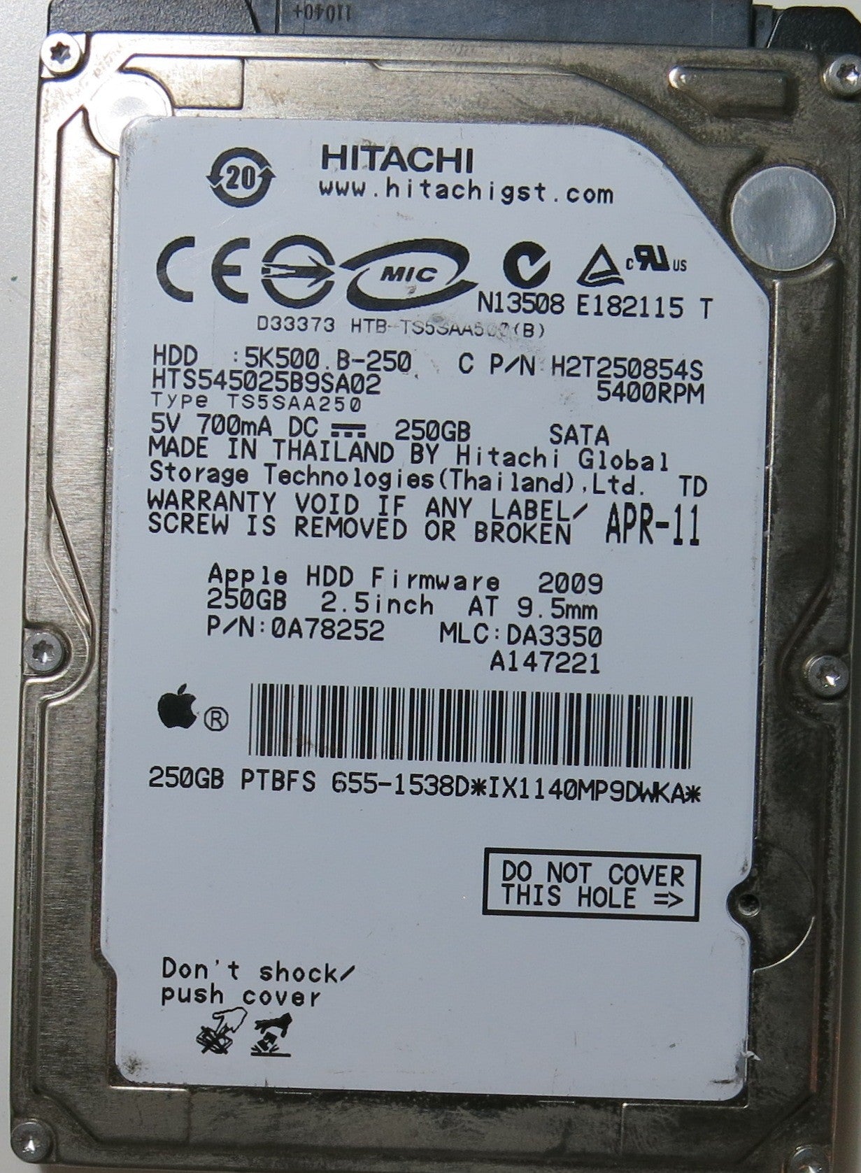 HTS545025B9SA02, PCB: 220-0A90161 01, SERIAL NUMBER: NSKBYUJX, FW DA3350, PN 0A78252, FW DA3350, 250.gb,