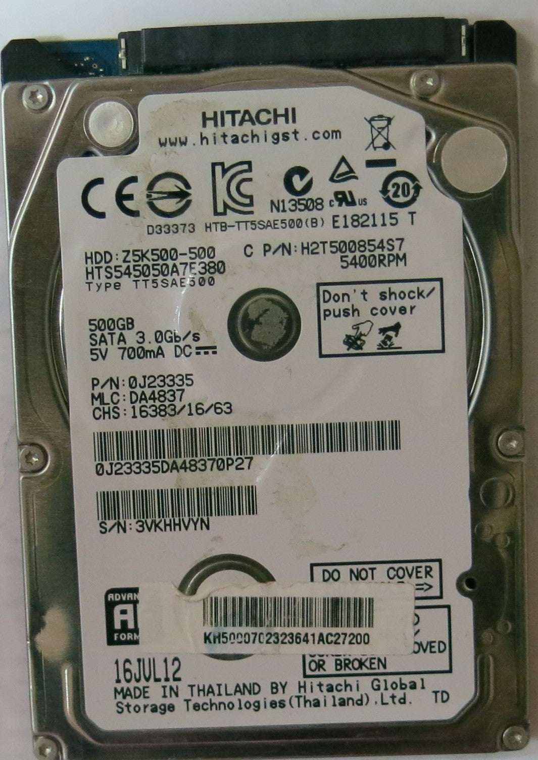 HTS545050A7E380, PCB: 220 0A90351 01, SERIAL 3VKHHVYN, DCM DA4837, FW :DA4837 , 500,GB
