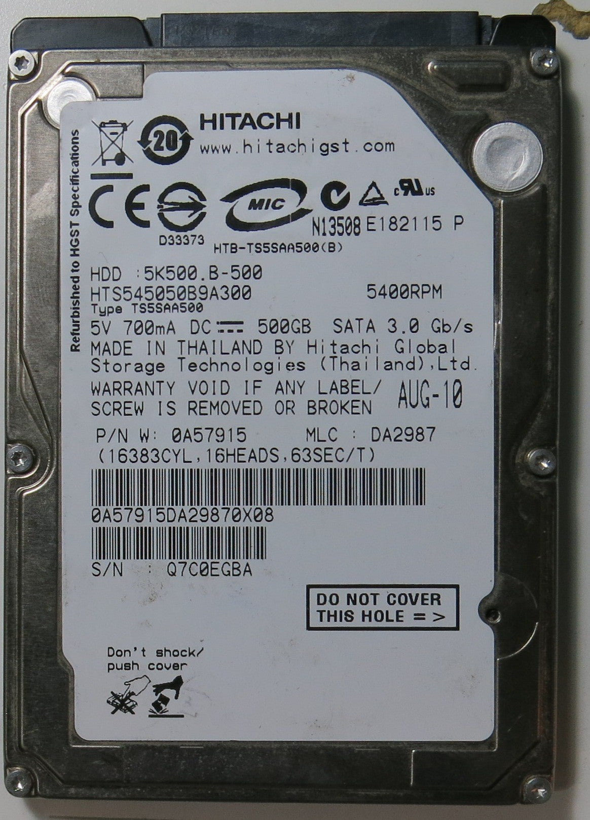 HTS545050B9A300, PCB: 220-0A90161 01, SERIAL NUMBER: Q7C0EGBA, FW DA2987, PN 0A57915, FW DA2987, 500.GB,