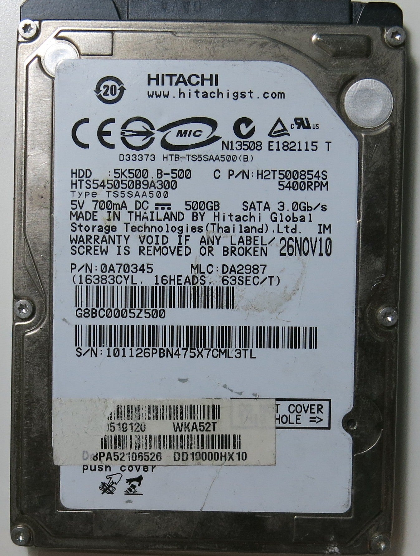 HTS545050B9A300, PCB: 220-0A90161 01, SERIAL NUMBER: 101126PBN475X7CML3TL, FW DA2987, PN 0A70345, 500.GB