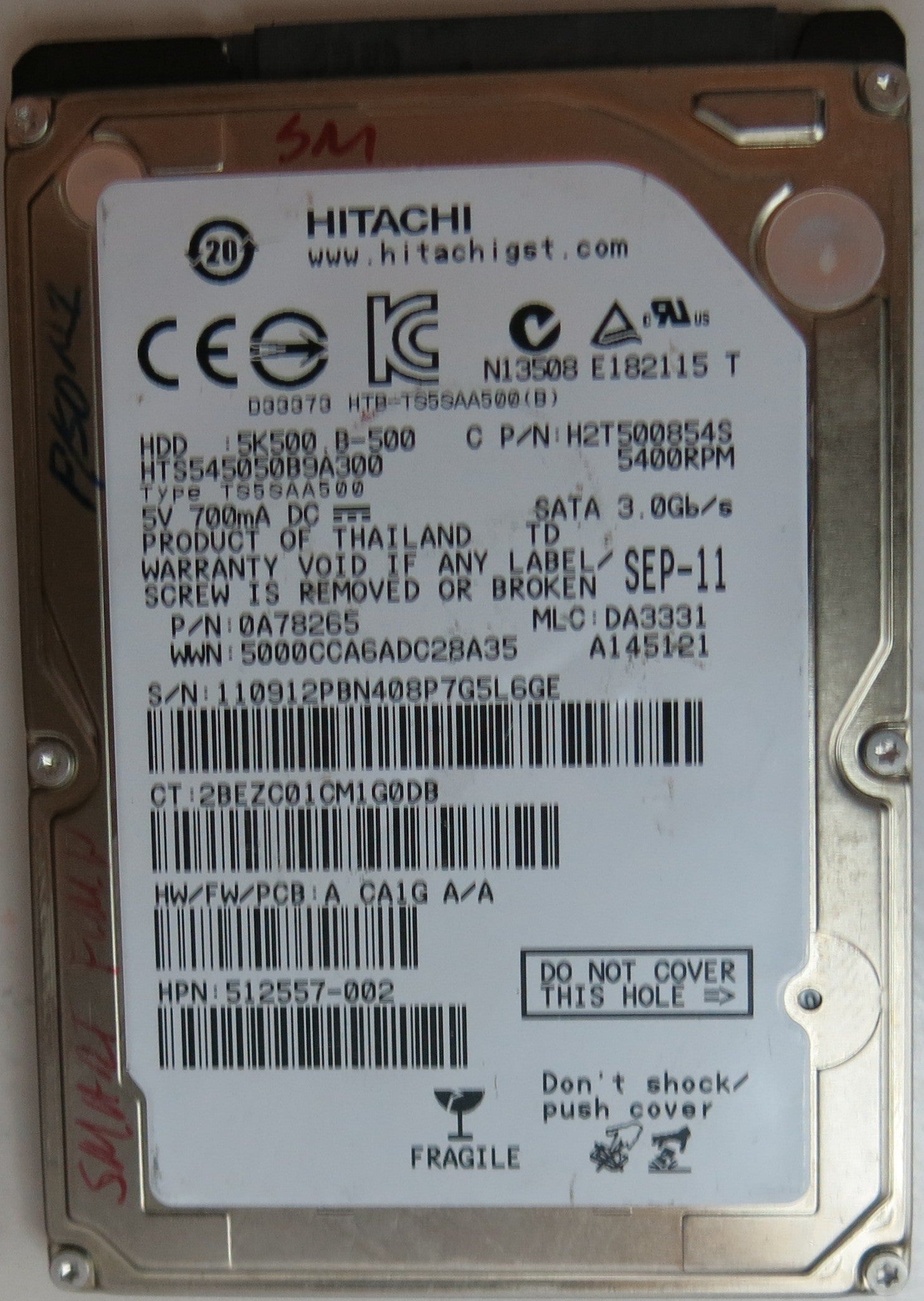 HITACHI HTS545050B9A300 PN 0A78265 MLC DA3331, 500GB