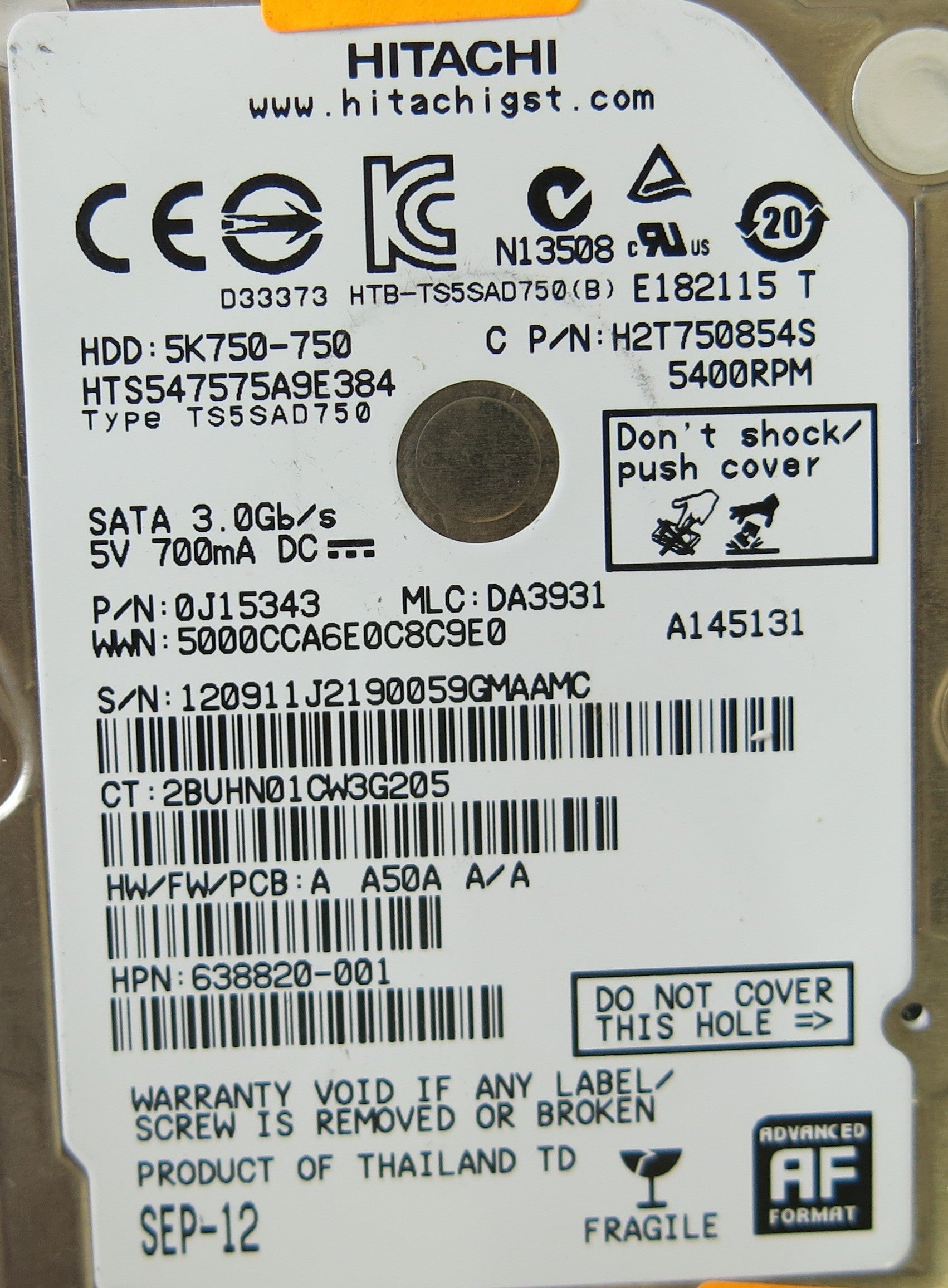 HITACHI HTS547575A9E384 P/N 0J15343 PCB 220 0A90269 01
