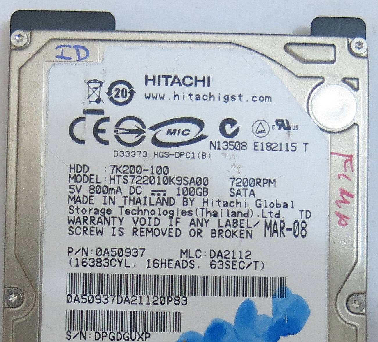 HITACHI HTS722010K9SA00 MLC DA2112 220 0A90002 01 PCB