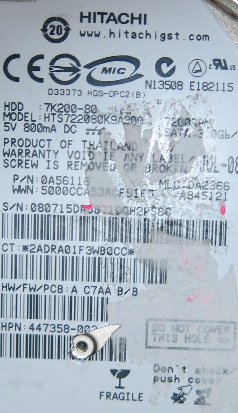 HITACHI HTS722080K9A300, PN 0A56116, MLC  DA2366, 220 0A90002 01 PCB