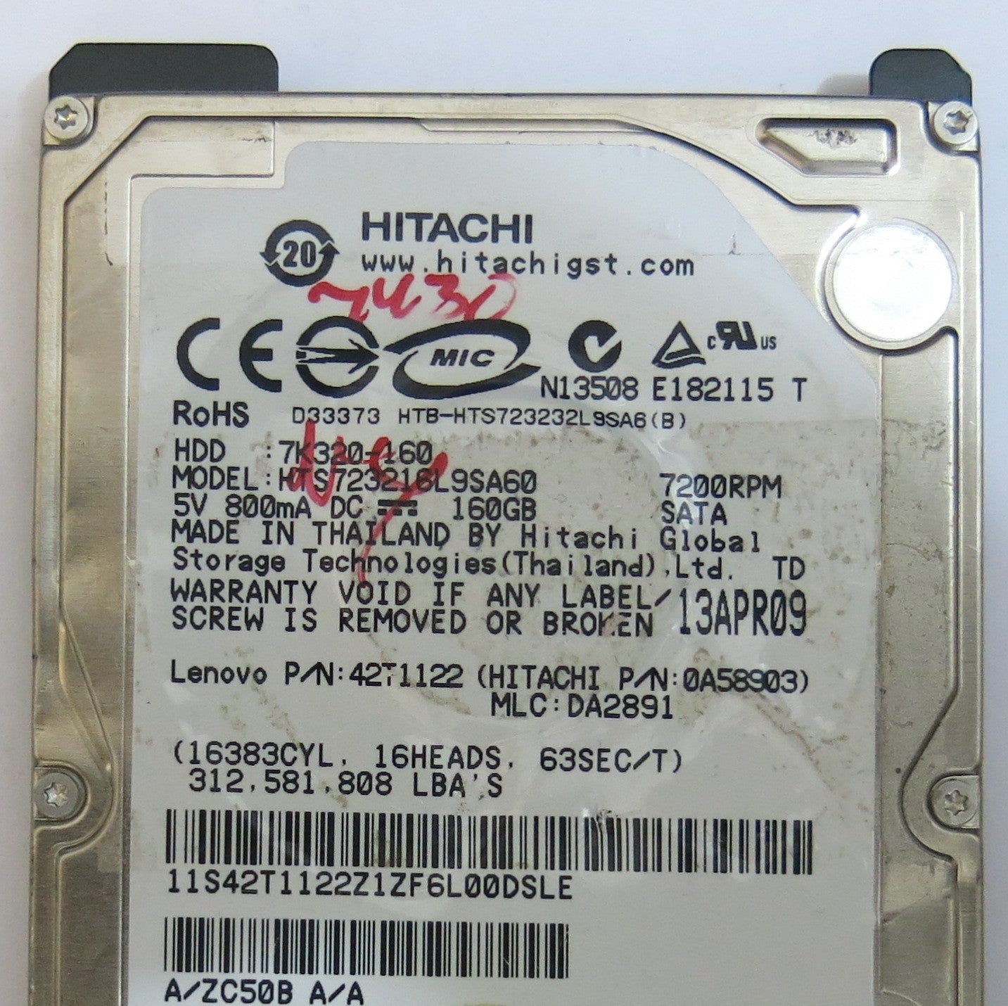 HITACHI HTS723216L9SA60 MLC DA2891 220 0A90121 01 PCB