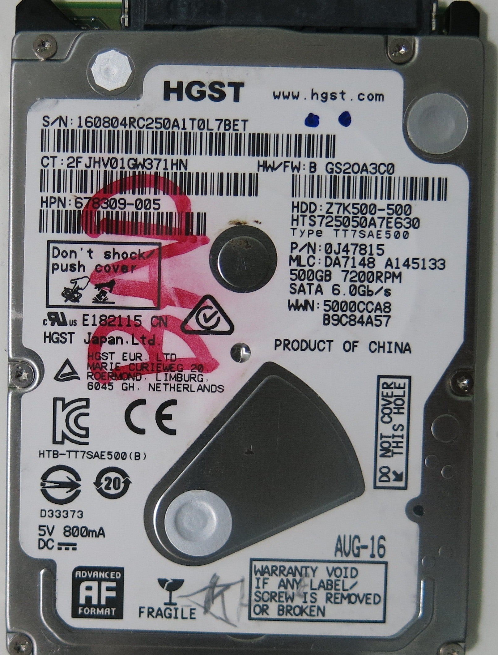 HTS725050A7E630 PCB 220 0A90427 01,  500.GB