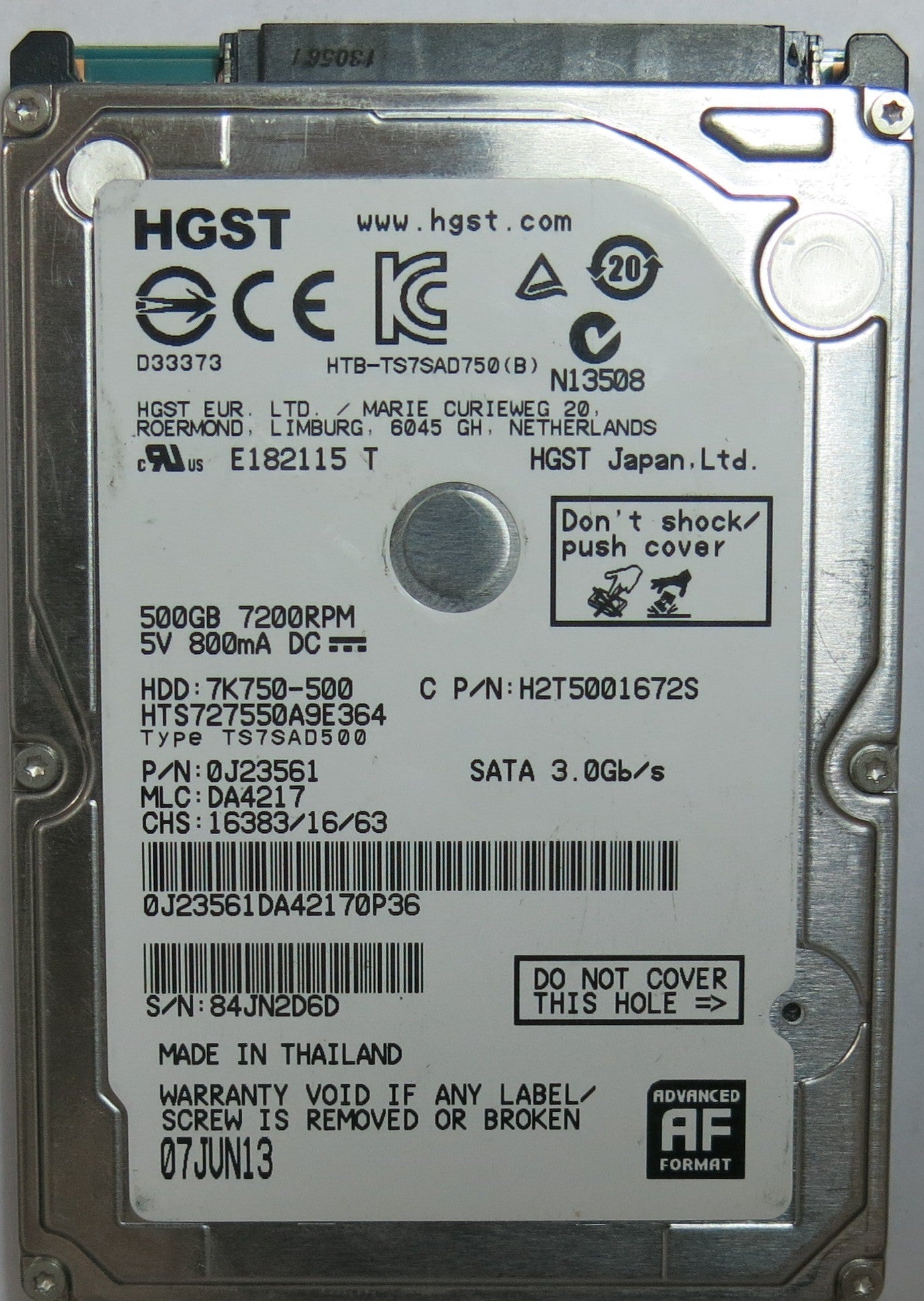 HITACHI HTS727550A9E364 PN 0J23561FW DA4217 500,GB
