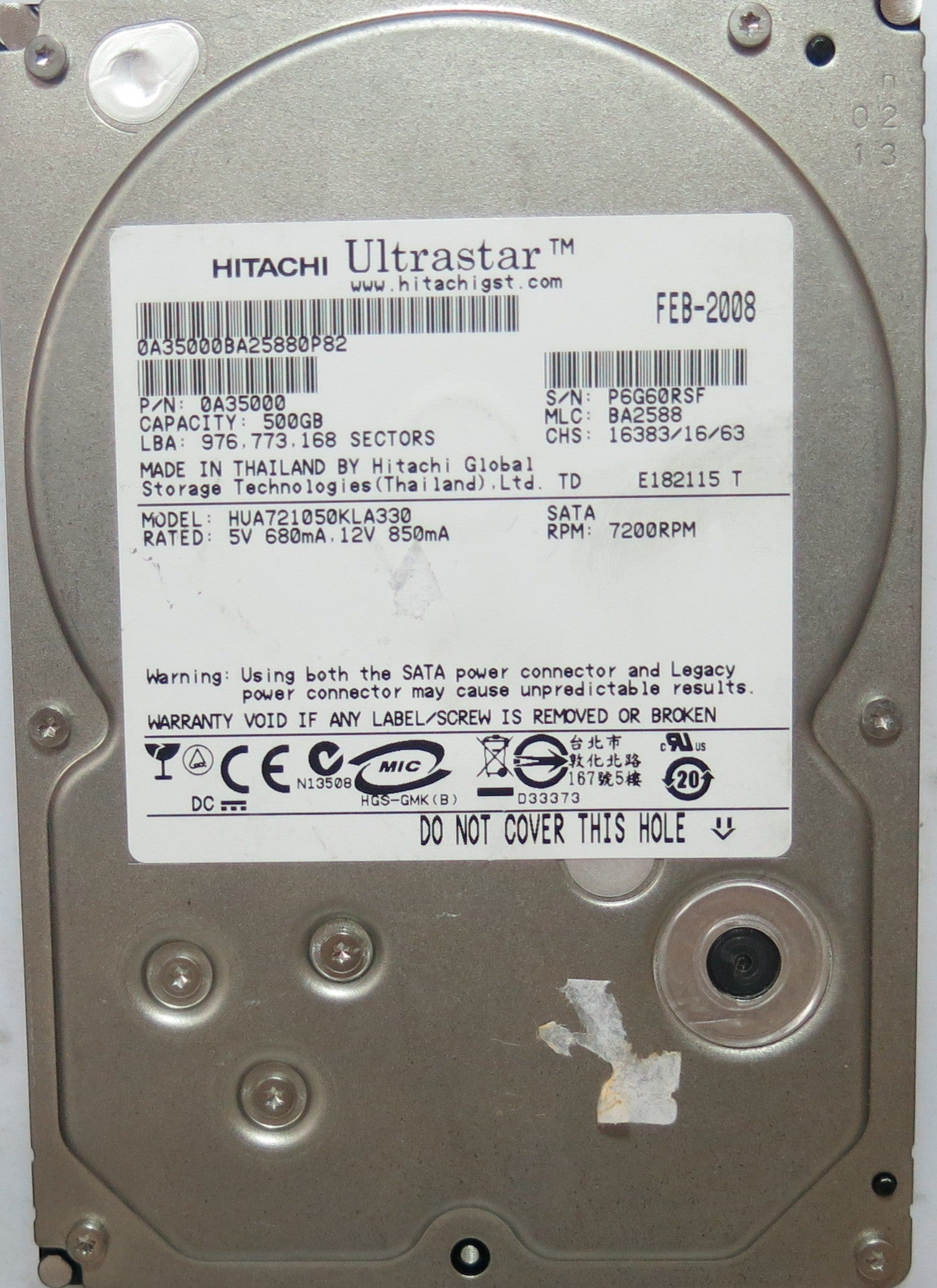 HUA721050KLA330 PCB: 110 0A29636 01 SERIAL: P6G60RSF MLC: BA2588 PN 0A35000  FW BA2588  500,GB